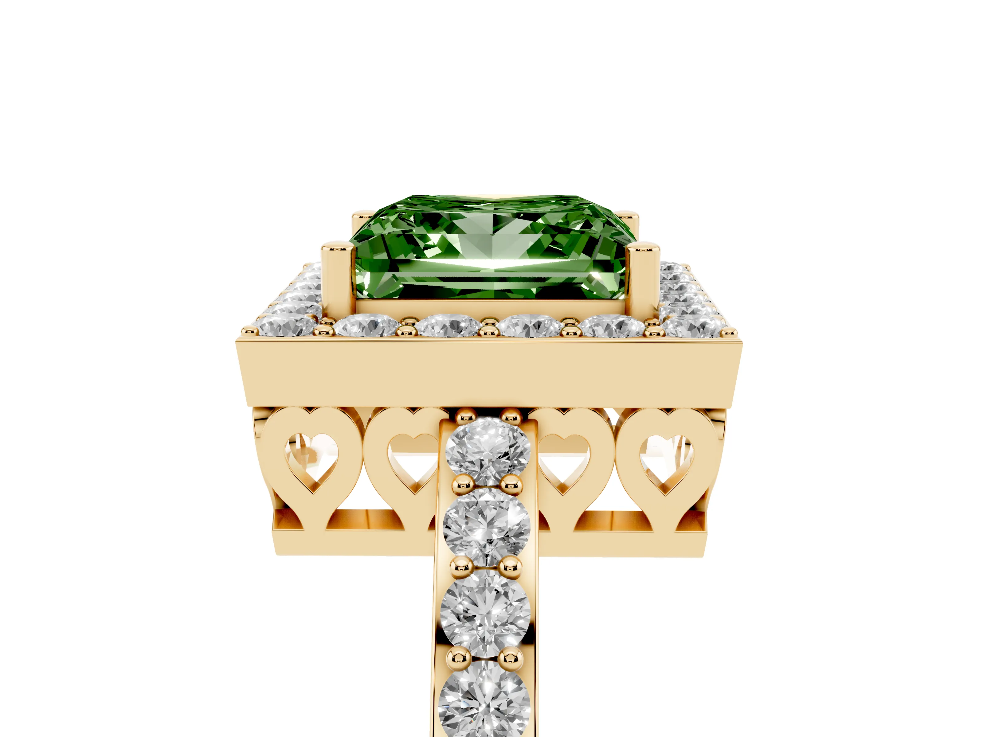Fancy Green Princess Cut Diamond Halo Ring Set in Yellow gold with Pavé-Setting Band and Open Prong Center