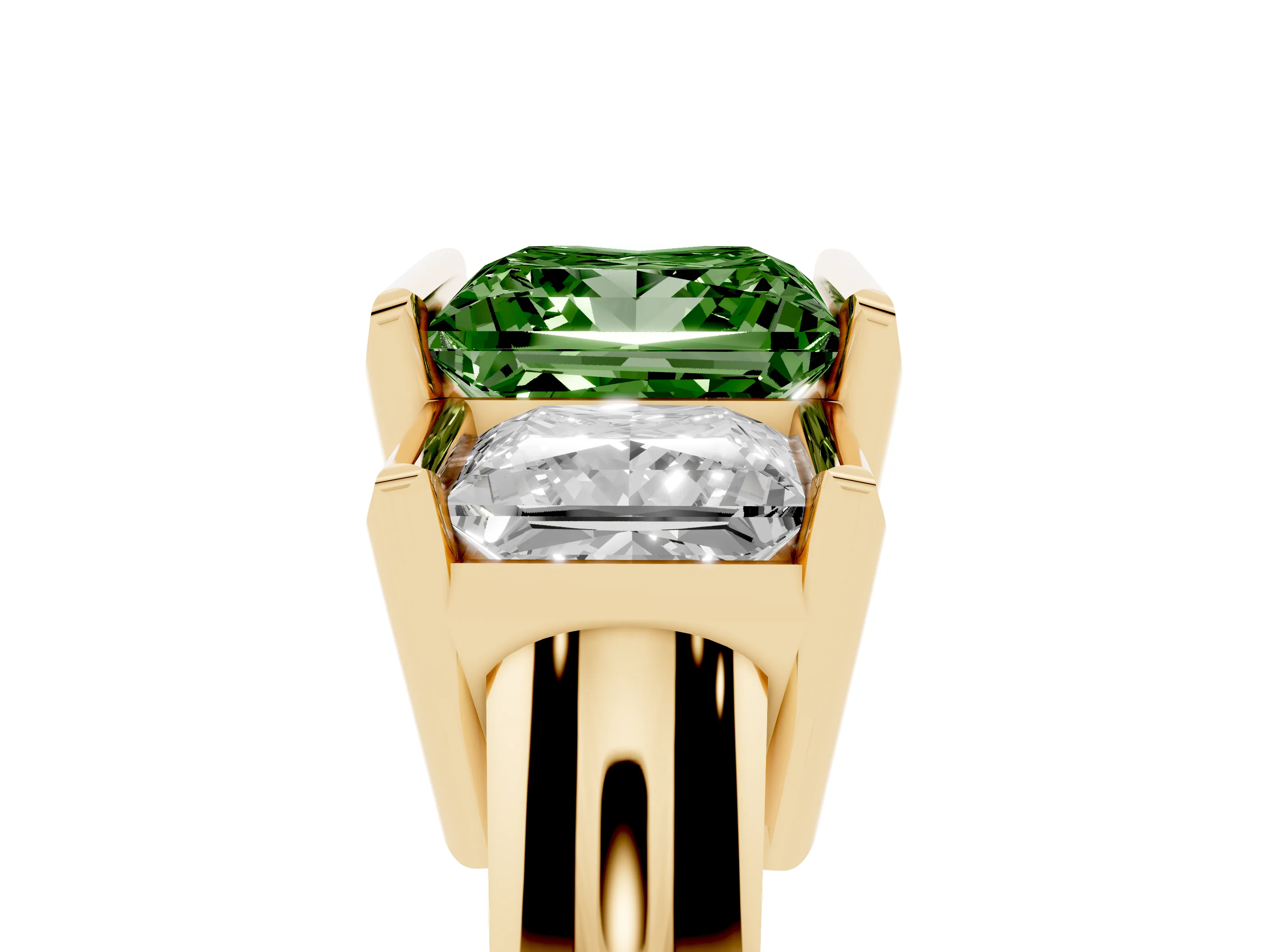 Fancy Green Princess Cut Diamond Three-Stone Channel Set Ring Set in Yellow gold with Smooth Polished Band