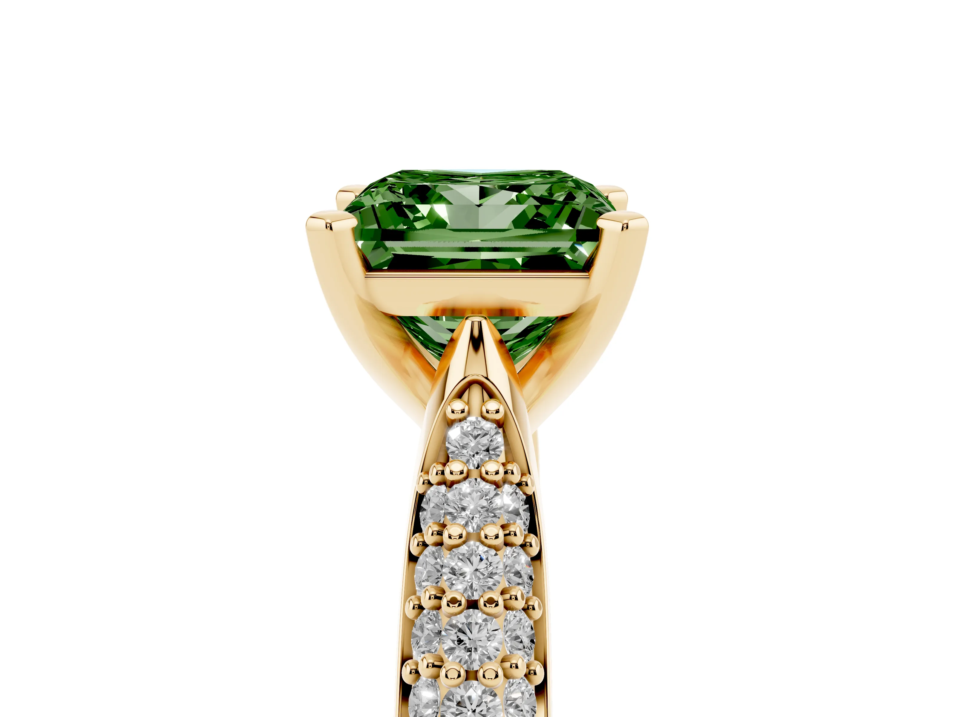 Fancy Green Princess Cut Diamond Solitaire Engagement Ring Set in Yellow gold with Multi-Row Round Pavé Band and Prong Setting