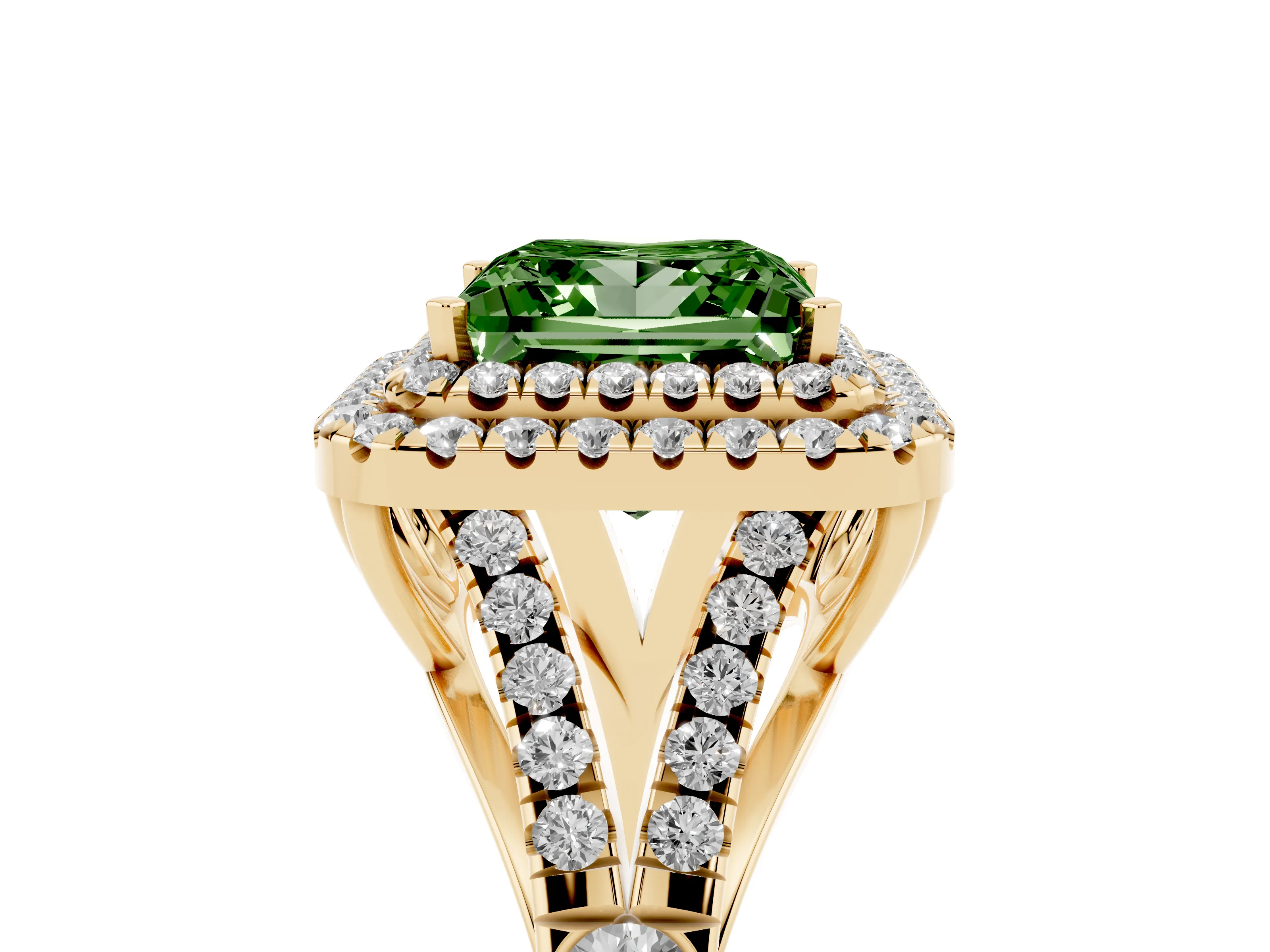 Fancy Green Princess Cut Diamond Pavé Split Shank Double Halo Engagement Ring Set in Yellow gold