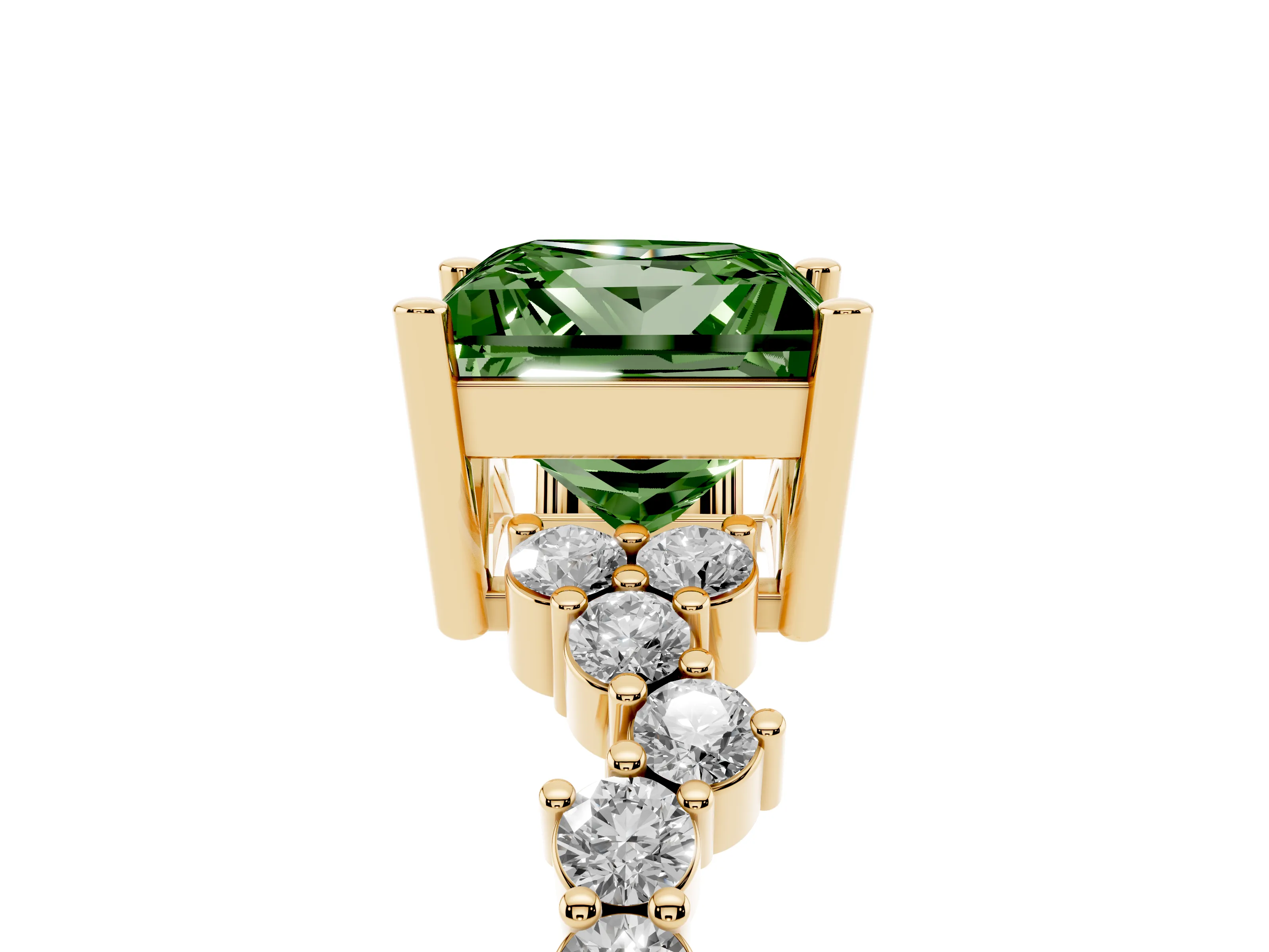 Fancy Green Princess Cut Diamond Ring Set in Yellow gold with Scattered Round Accents