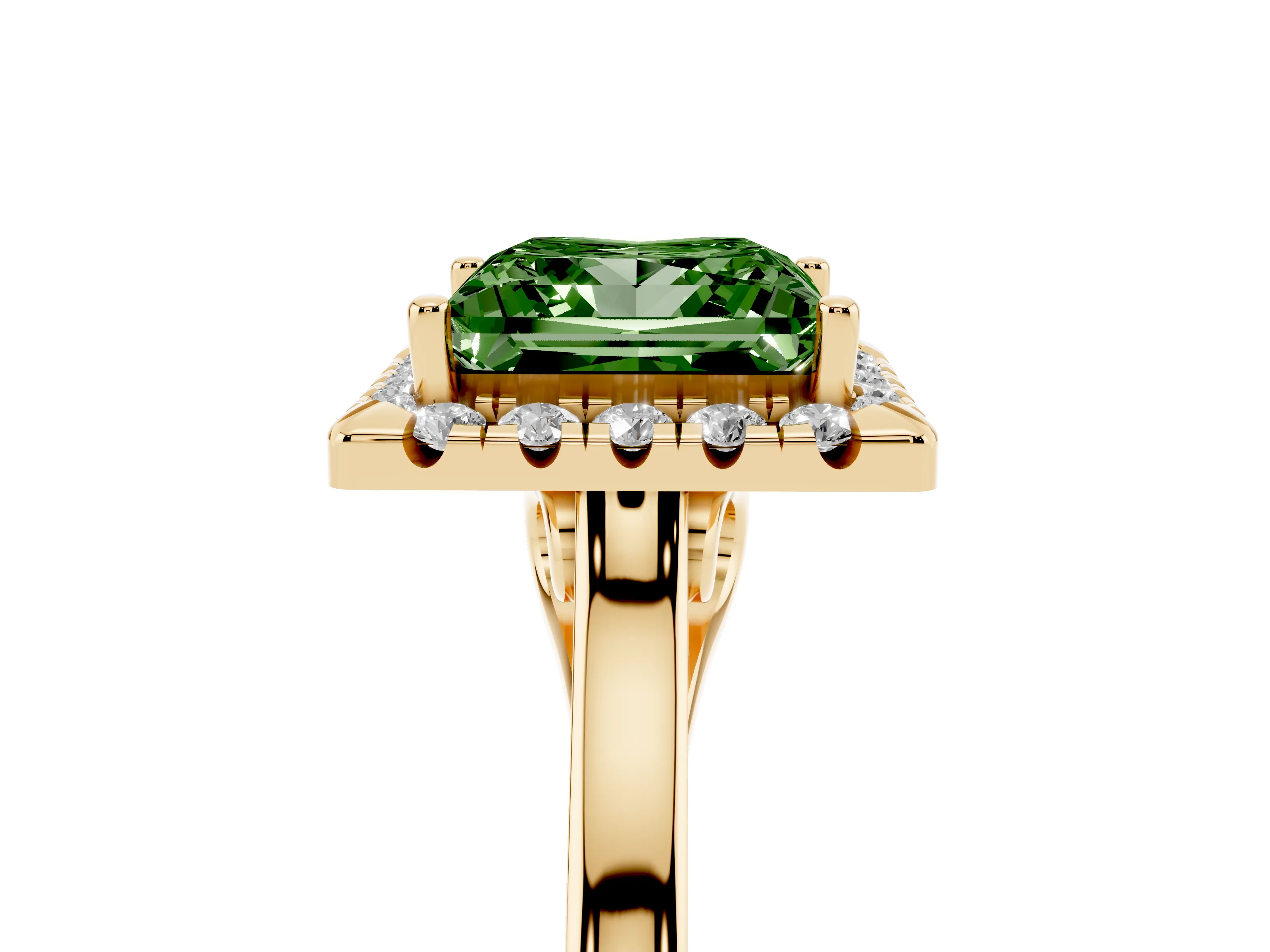 Fancy Green Princess Cut Halo Round Diamond Solitaire Ring Set in Yellow gold with Pavé Band and Prong Setting