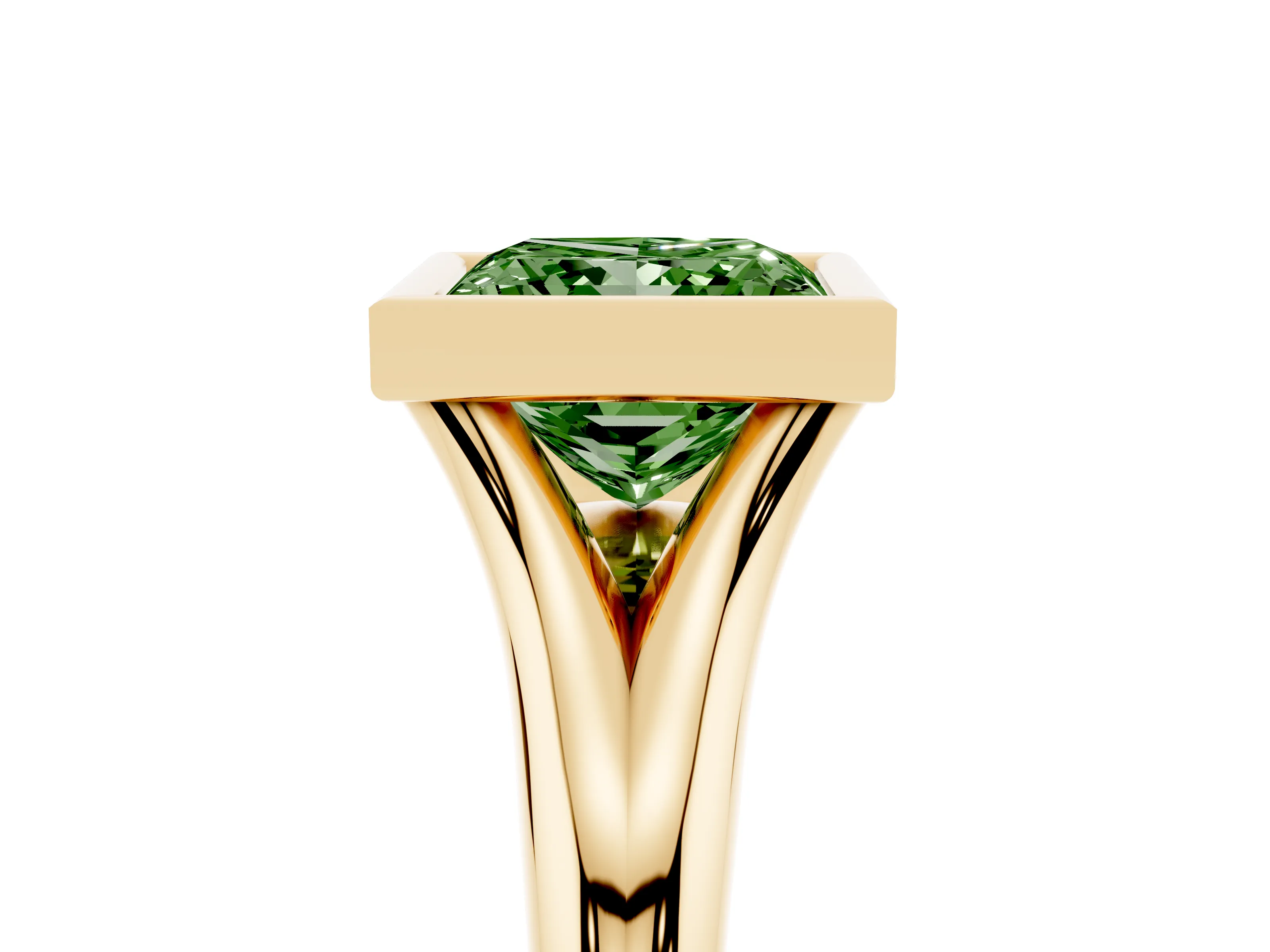 Fancy Green Bezel Set Princess Cut Diamond Solitaire Ring Set in Yellow gold with Smooth Band