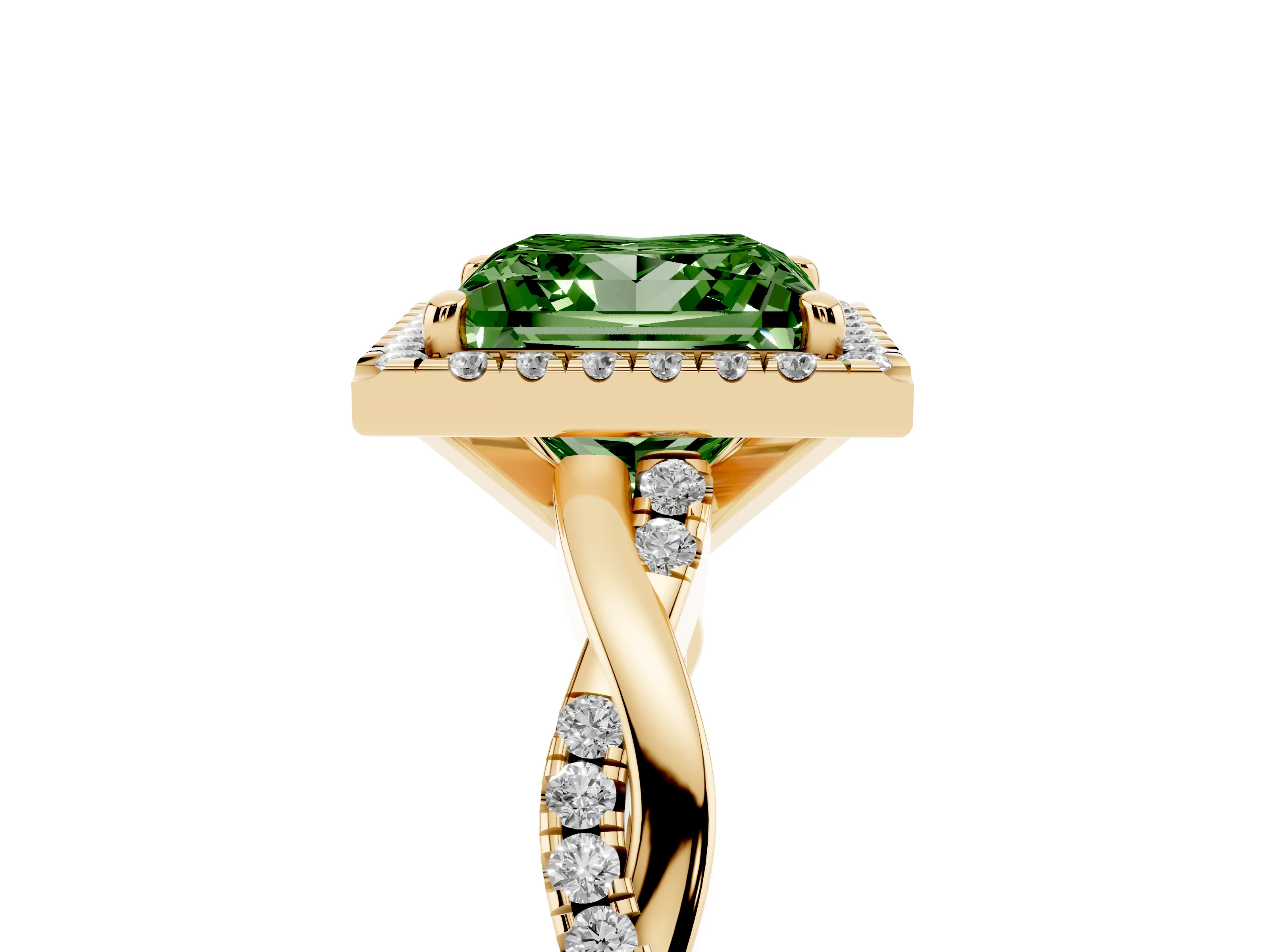 Fancy Green Princess Cut Diamond Halo Twisted Band Ring Set in Yellow gold with Prong Setting