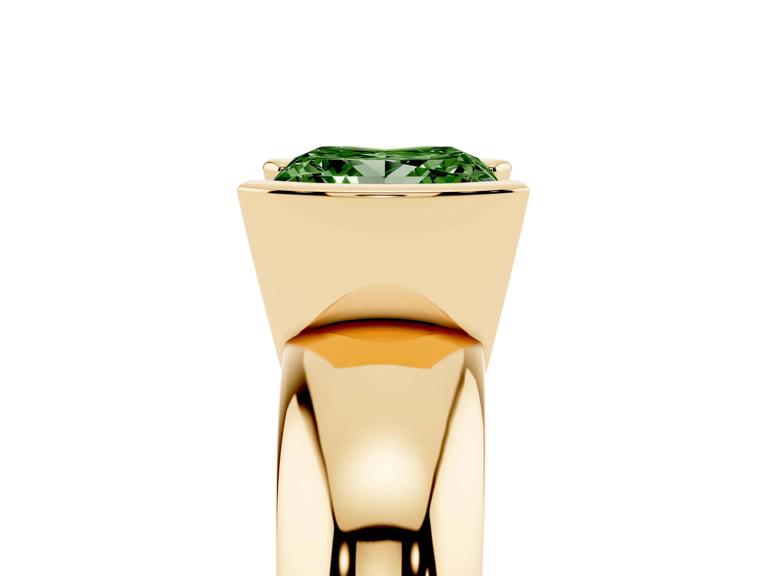 Fancy Green Princess Cut Diamond Solitaire Tension Set Ring Set in Yellow gold with Wide Band