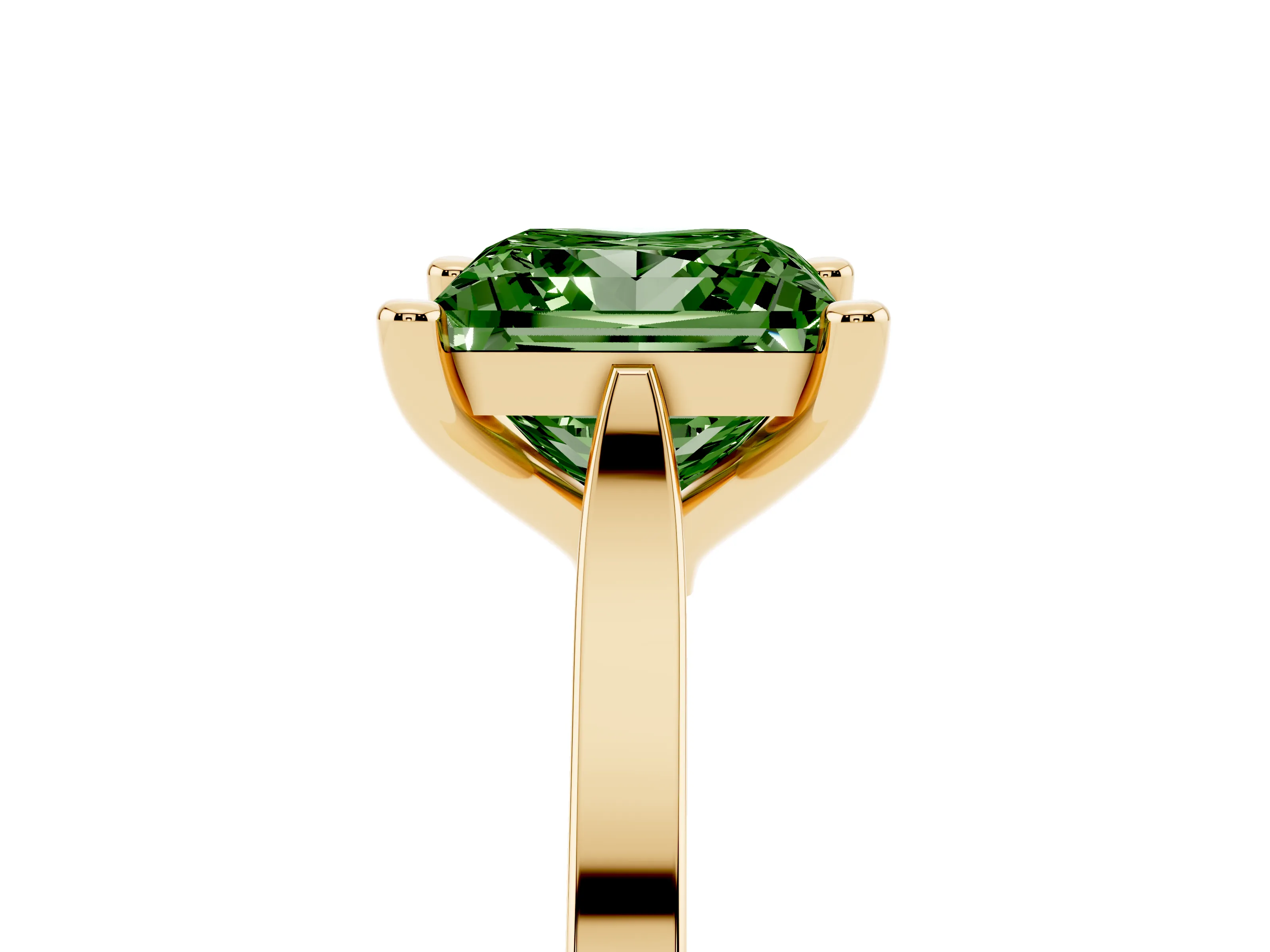Fancy Green Princess Cut Diamond Solitaire Ring Set in Yellow gold with Prong Setting and Tapered Band