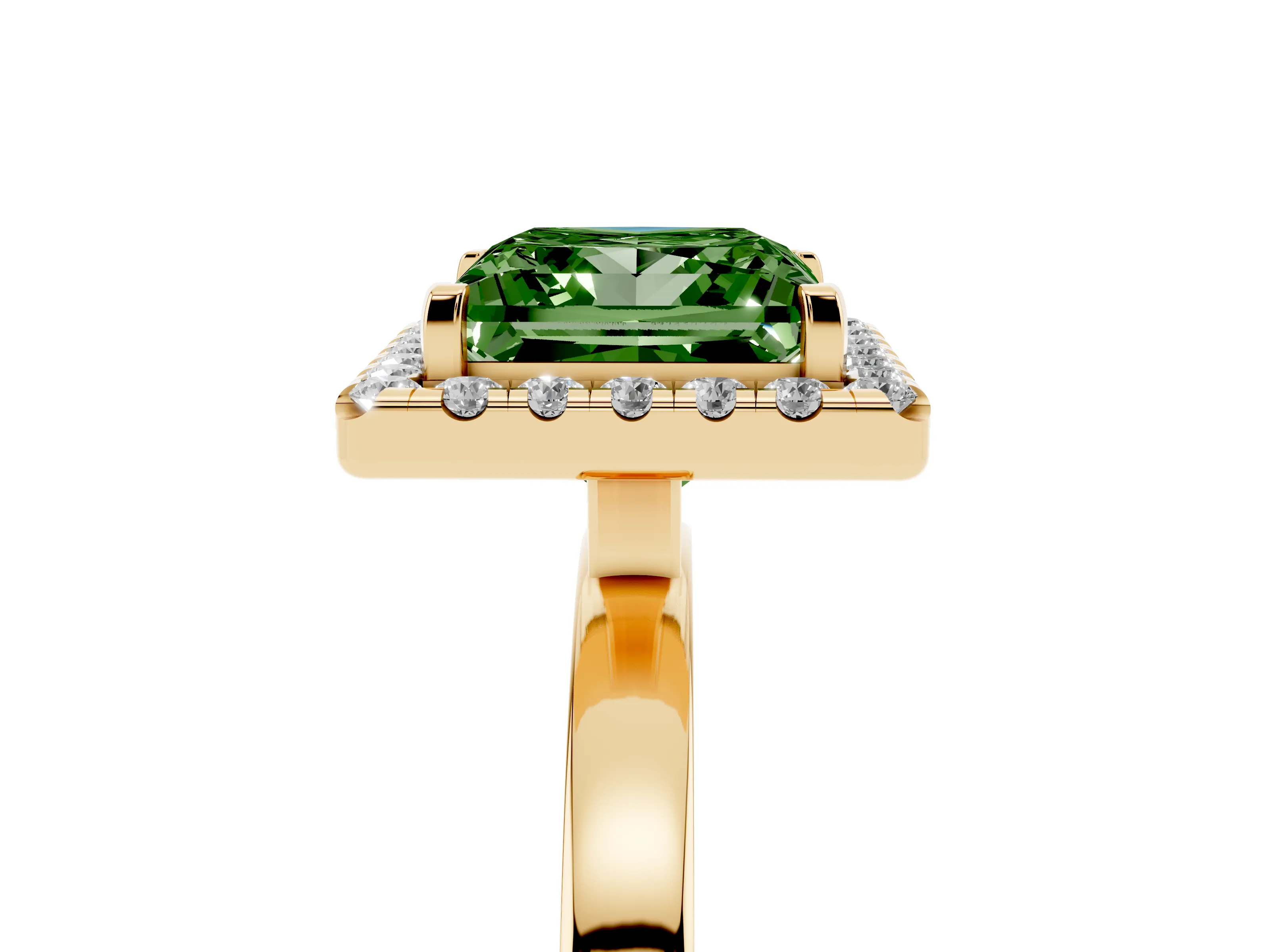 Fancy Green Princess Cut Diamond Halo Solitaire Ring Set in Yellow gold with Pavé Band and Prong Setting