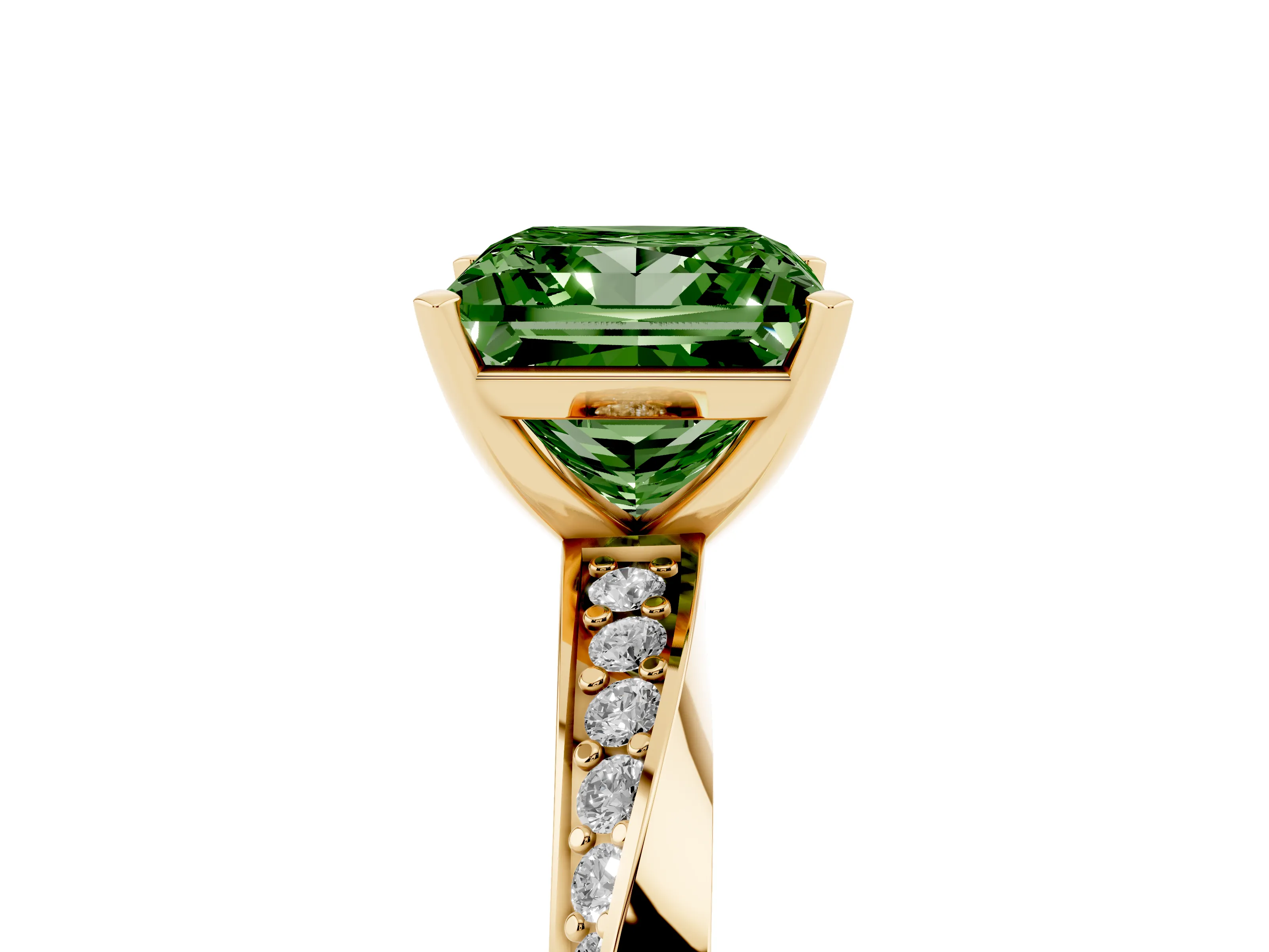 Fancy Green Princess Cut Diamond Engagement Ring Set in Yellow gold with Side Stone Accents and Prong Setting