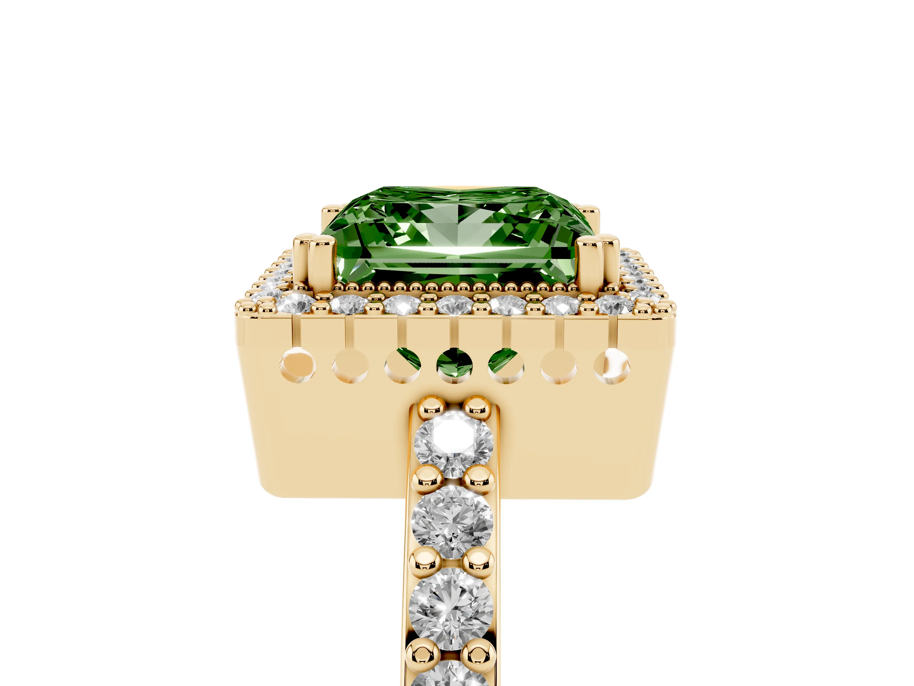 Fancy Green Princess Cut Diamond Halo Engagement Ring Set in Yellow gold with Milgrain Detail and Pavé Band