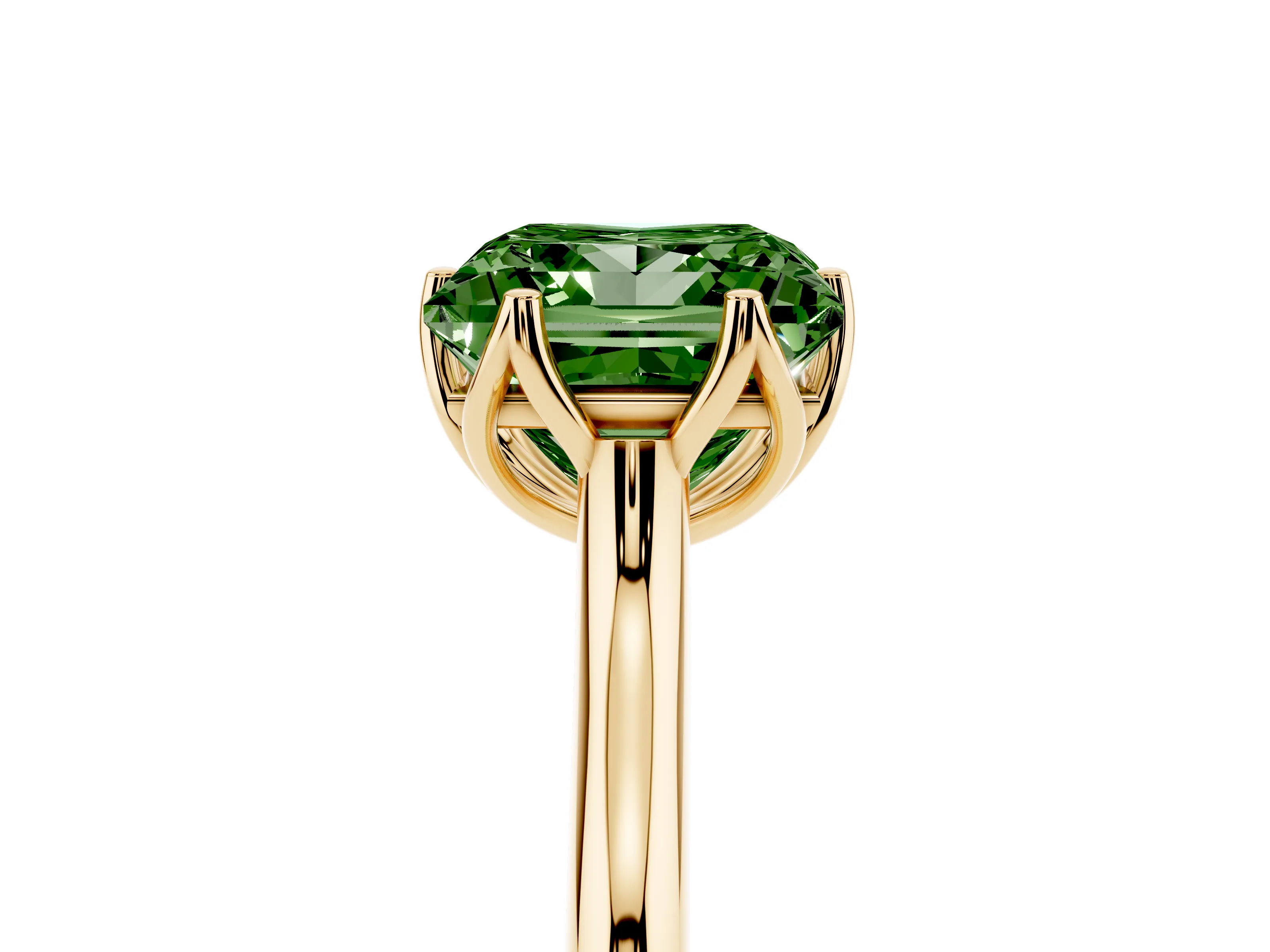 Fancy Green Princess Cut Diamond Solitaire Cathedral Ring Set in Yellow gold with Prong Setting