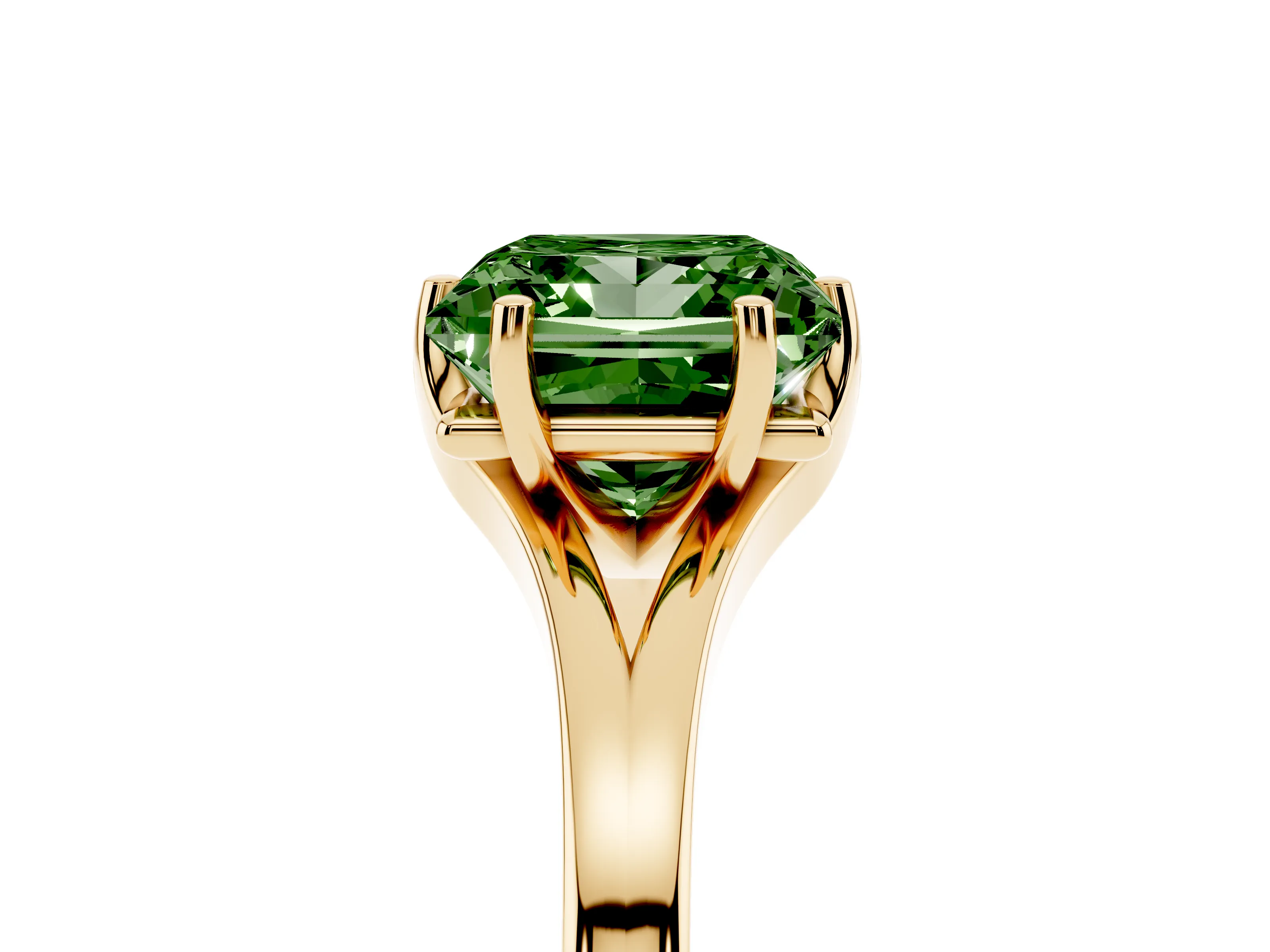 Fancy Green Princess Cut Diamond Solitaire Ring Set in Yellow gold with Polished Tapered Band and Prong Setting
