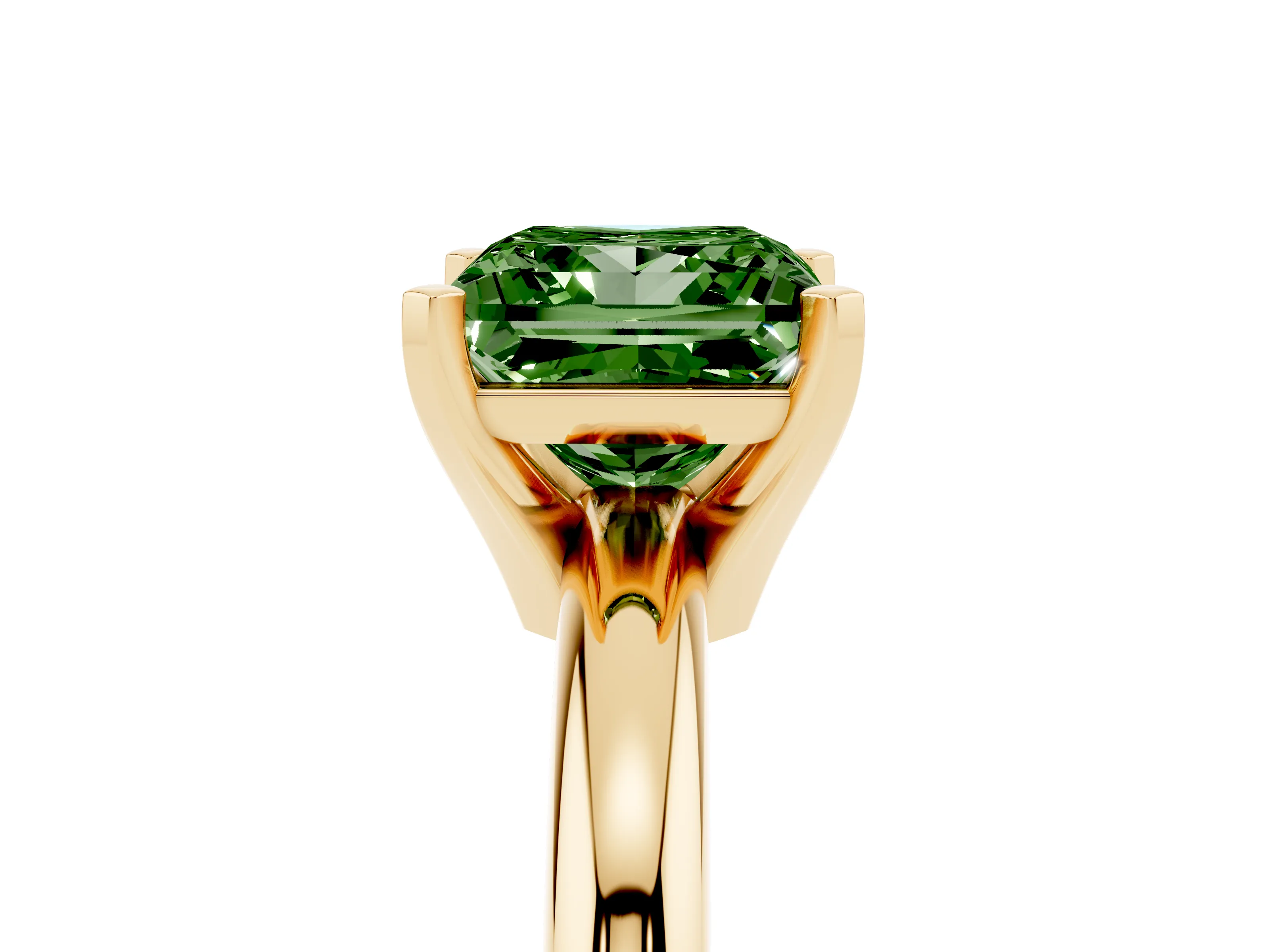 Fancy Green Princess Cut Diamond Solitaire Engagement Ring Set in Yellow gold with Round Band and Prong Setting
