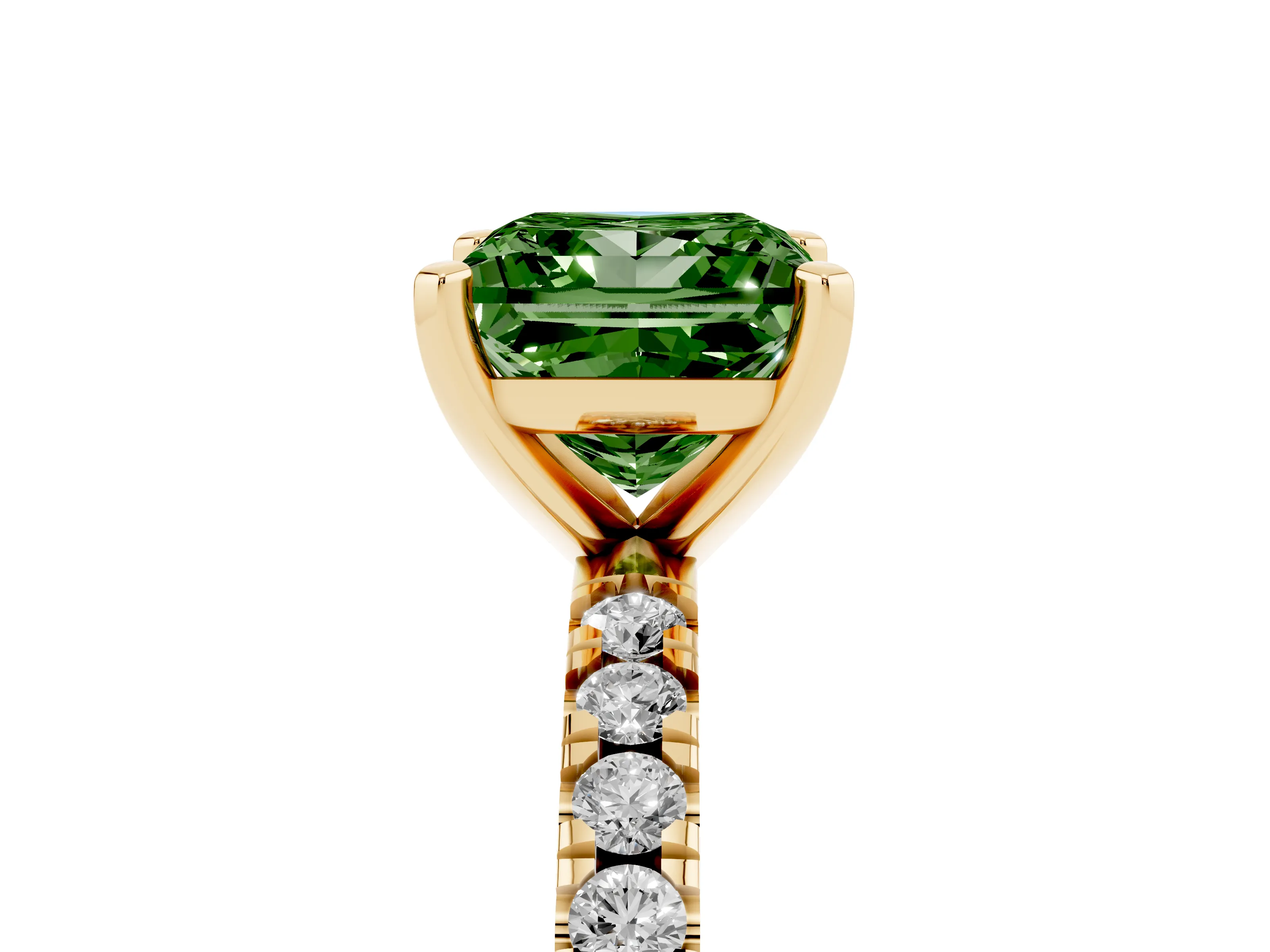 Fancy Green Princess Cut Diamond Pavé Band Solitaire Set in Yellow gold with Prong Setting