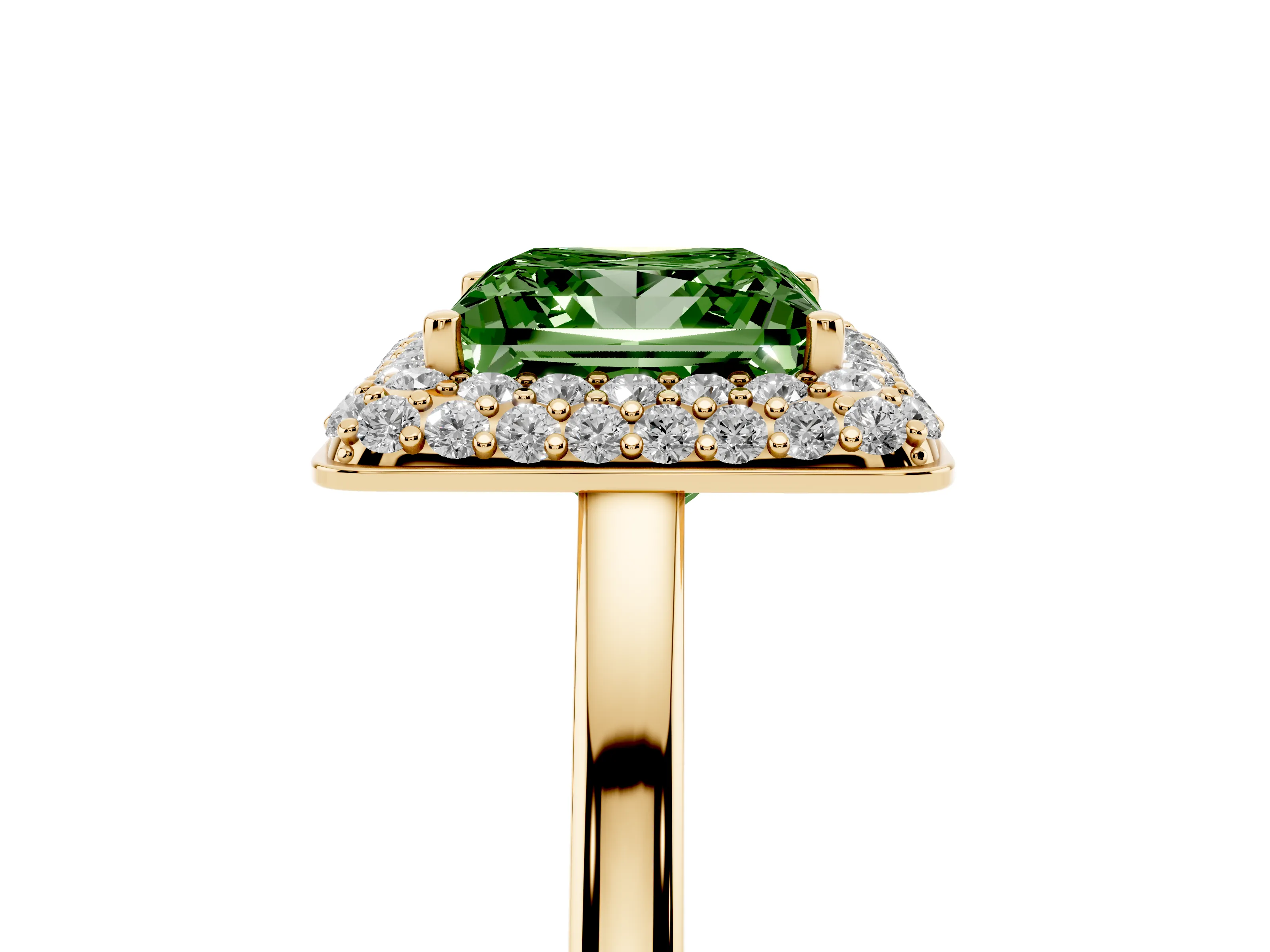 Fancy Green Princess Cut Diamond Halo Engagement Ring Set in Yellow gold with Solitaire Band and Prong Setting