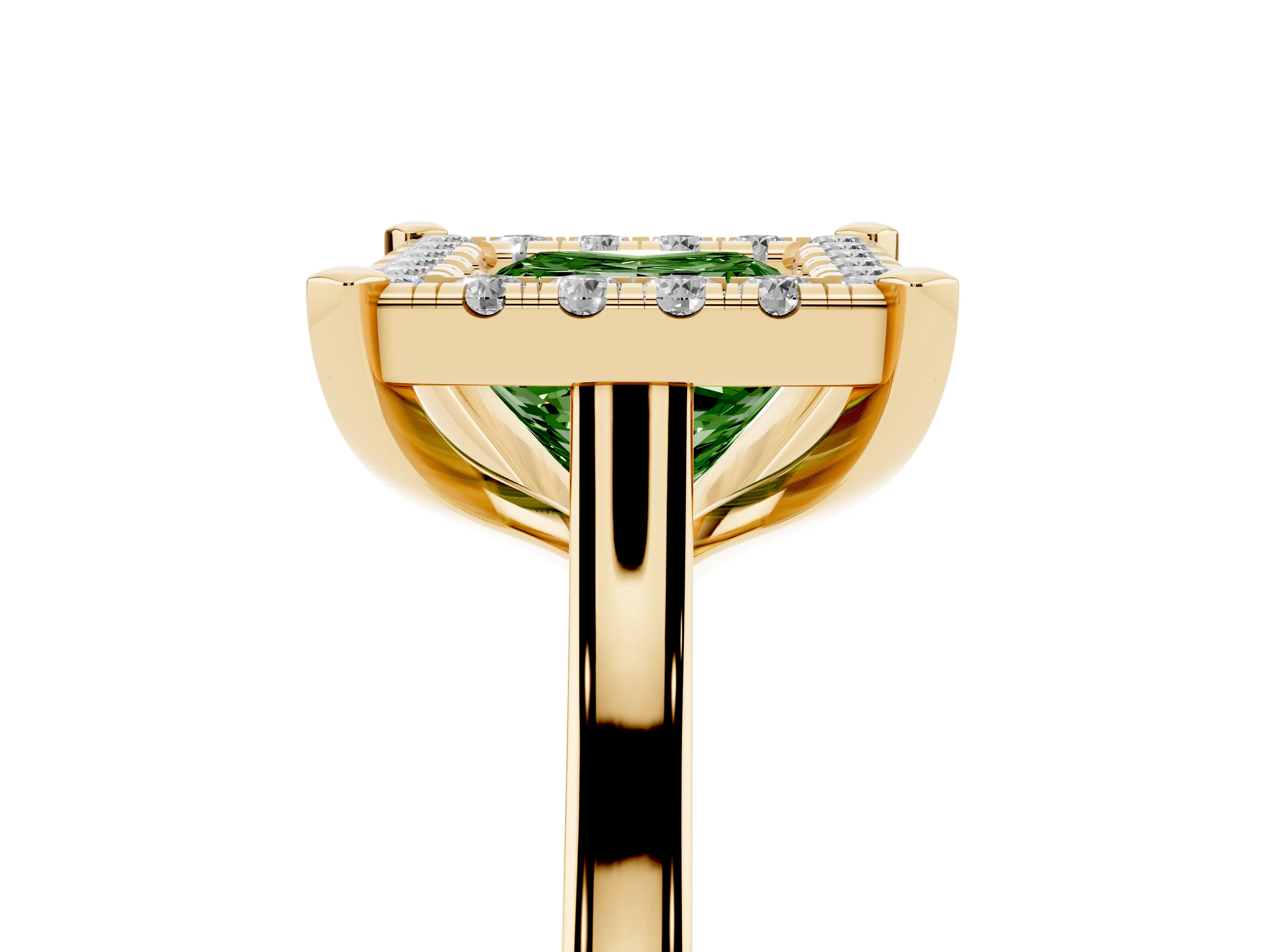 Fancy Green Princess Cut Diamond Cluster Halo Solitaire Ring Set in Yellow gold with Prong Setting