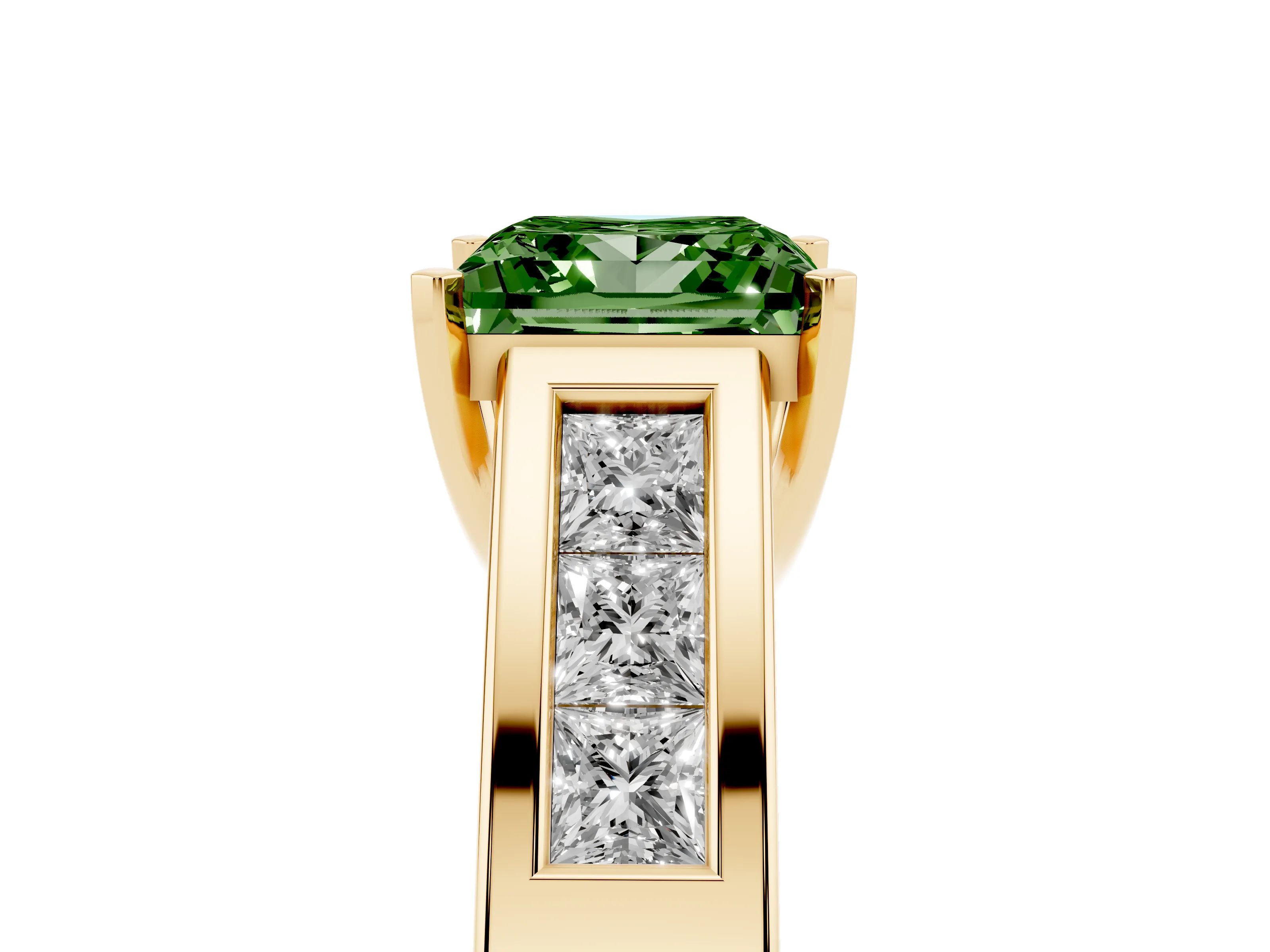 Fancy Green Princess Cut Diamond Solitaire Ring Set in Yellow gold with Channel-Set Accent Stones and Prong Setting