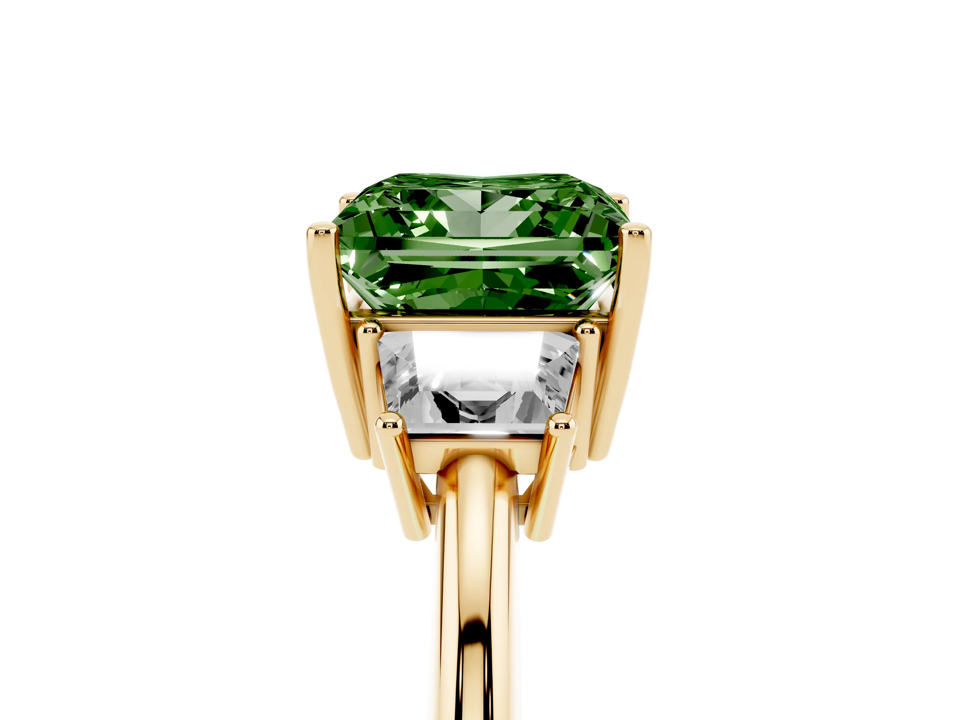 Fancy Green Princess Cut Diamond Three-Stone Ring Set in Yellow gold with Trapezoid Side Stones and Prong Setting