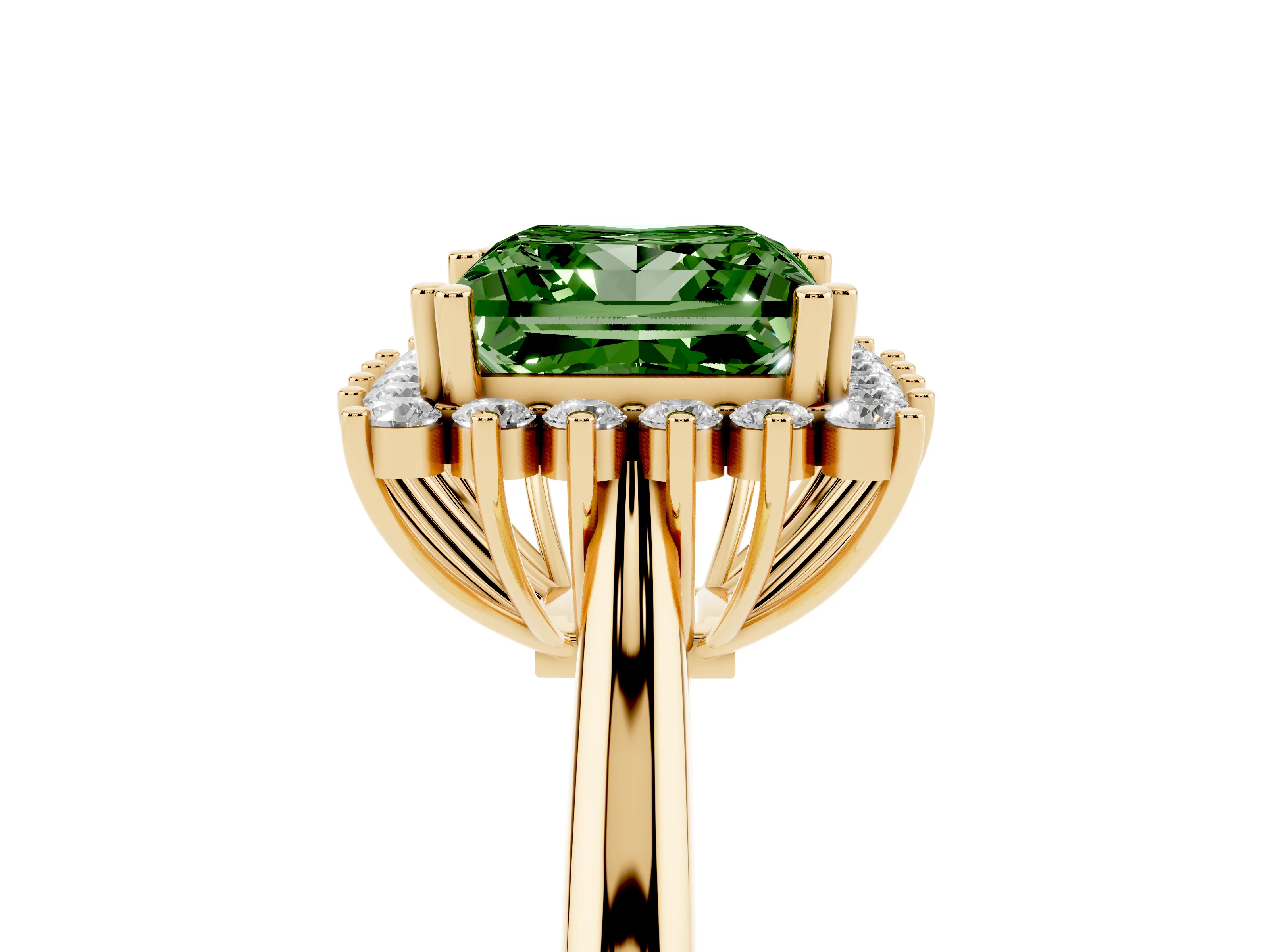 Fancy Green Princess Cut Diamond Halo Ring Set in Yellow gold with Plain Solitaire Band and Prong Setting