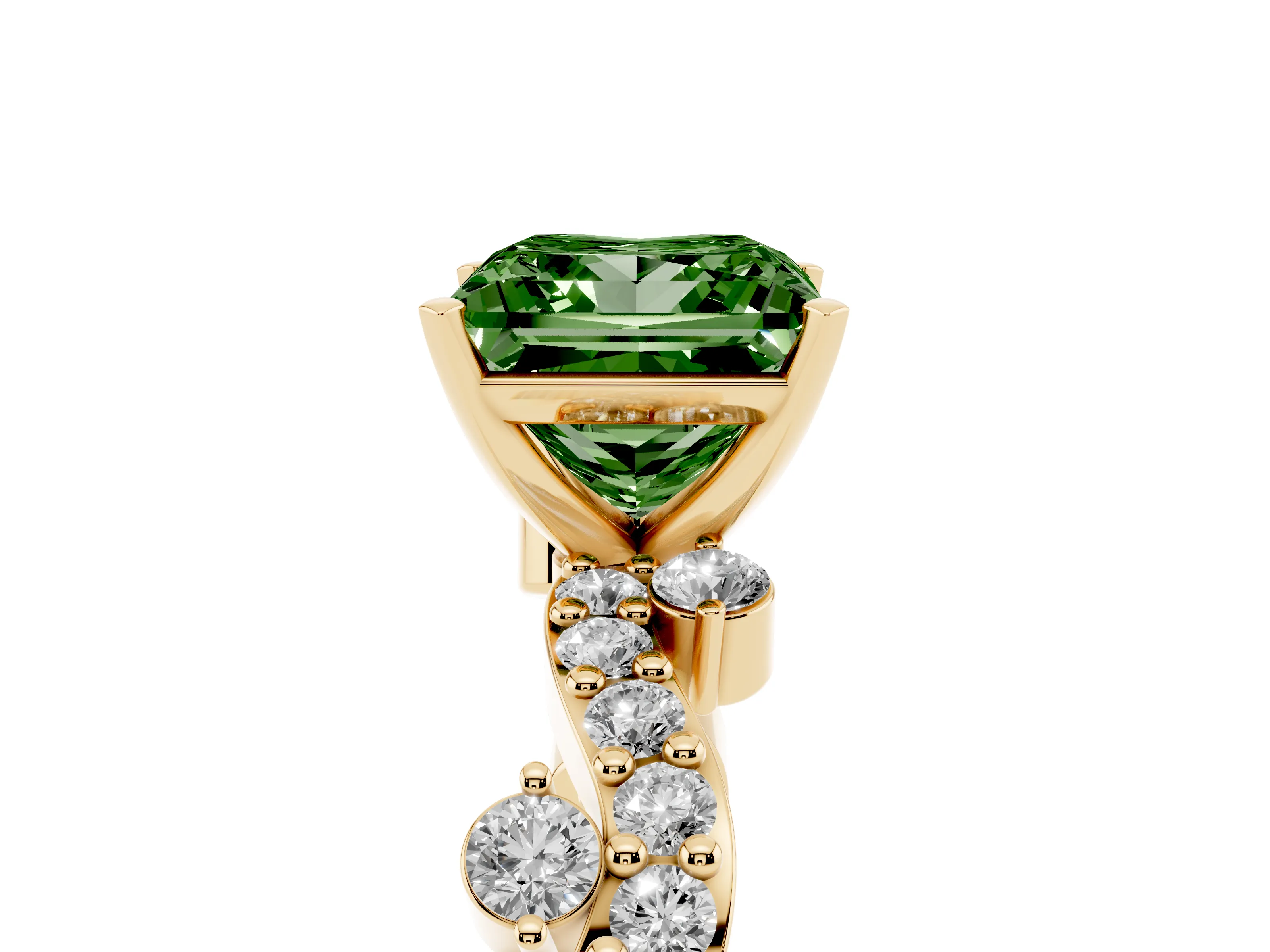 Fancy Green Princess Cut Diamond Solitaire Twisted Band Set in Yellow gold with Pavé Setting