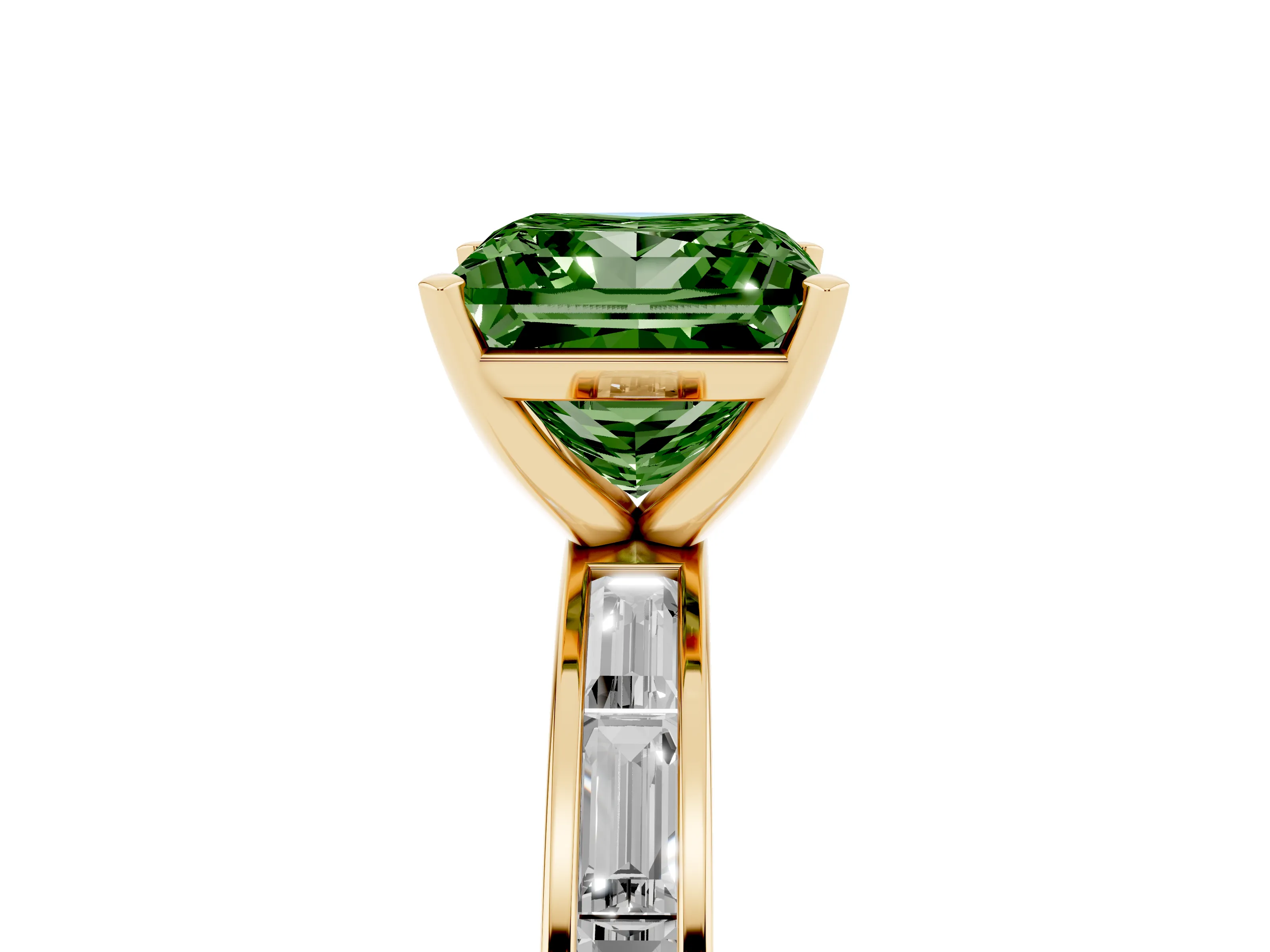 Fancy Green Princess Cut Diamond Solitaire Ring Set in Yellow gold with Channel-Set Baguette Band and Prong Setting