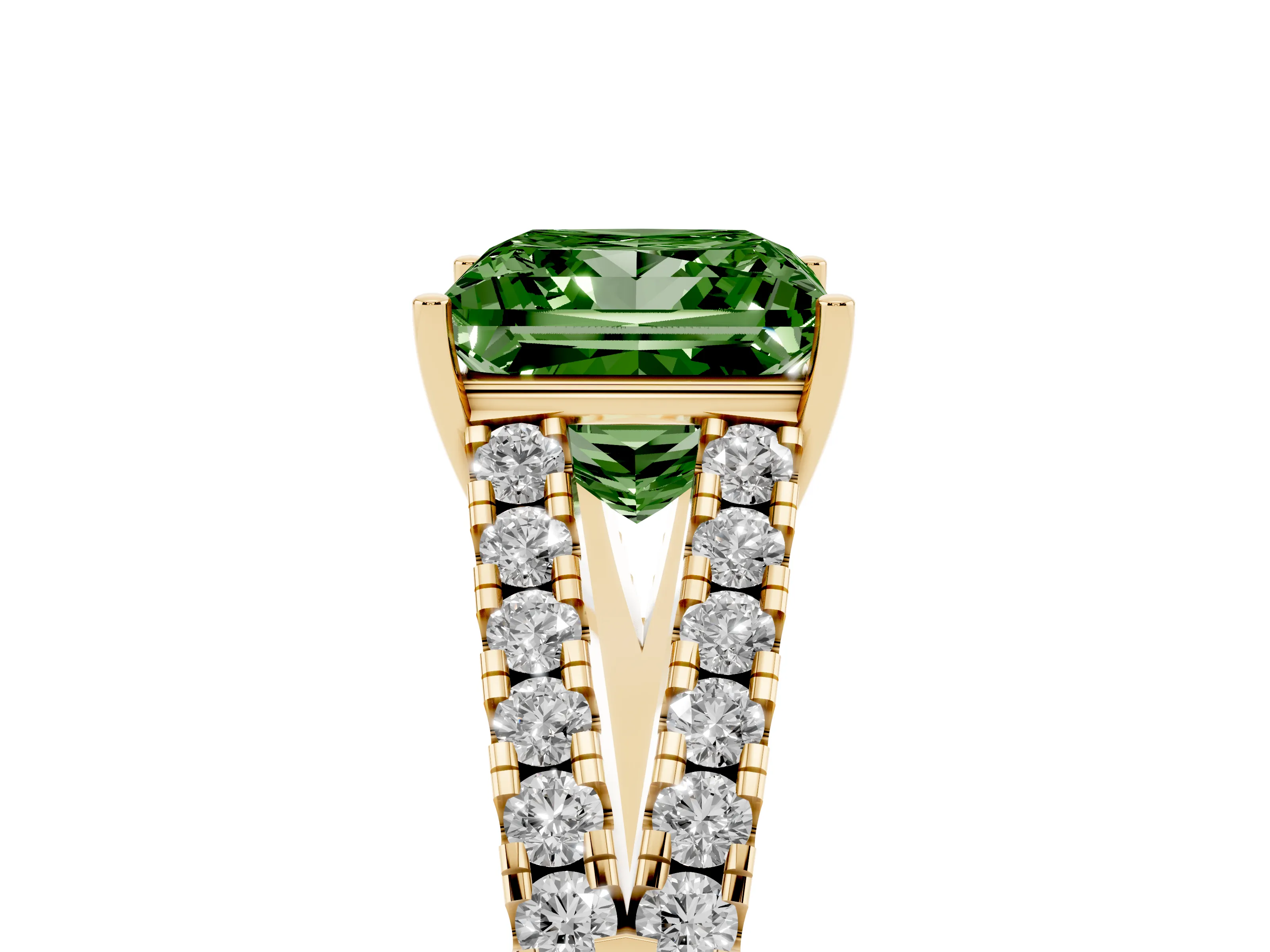 Fancy Green Princess Cut Diamond Split Shank Pavé Engagement Ring Set in Yellow gold with Prong-Held Center Stone