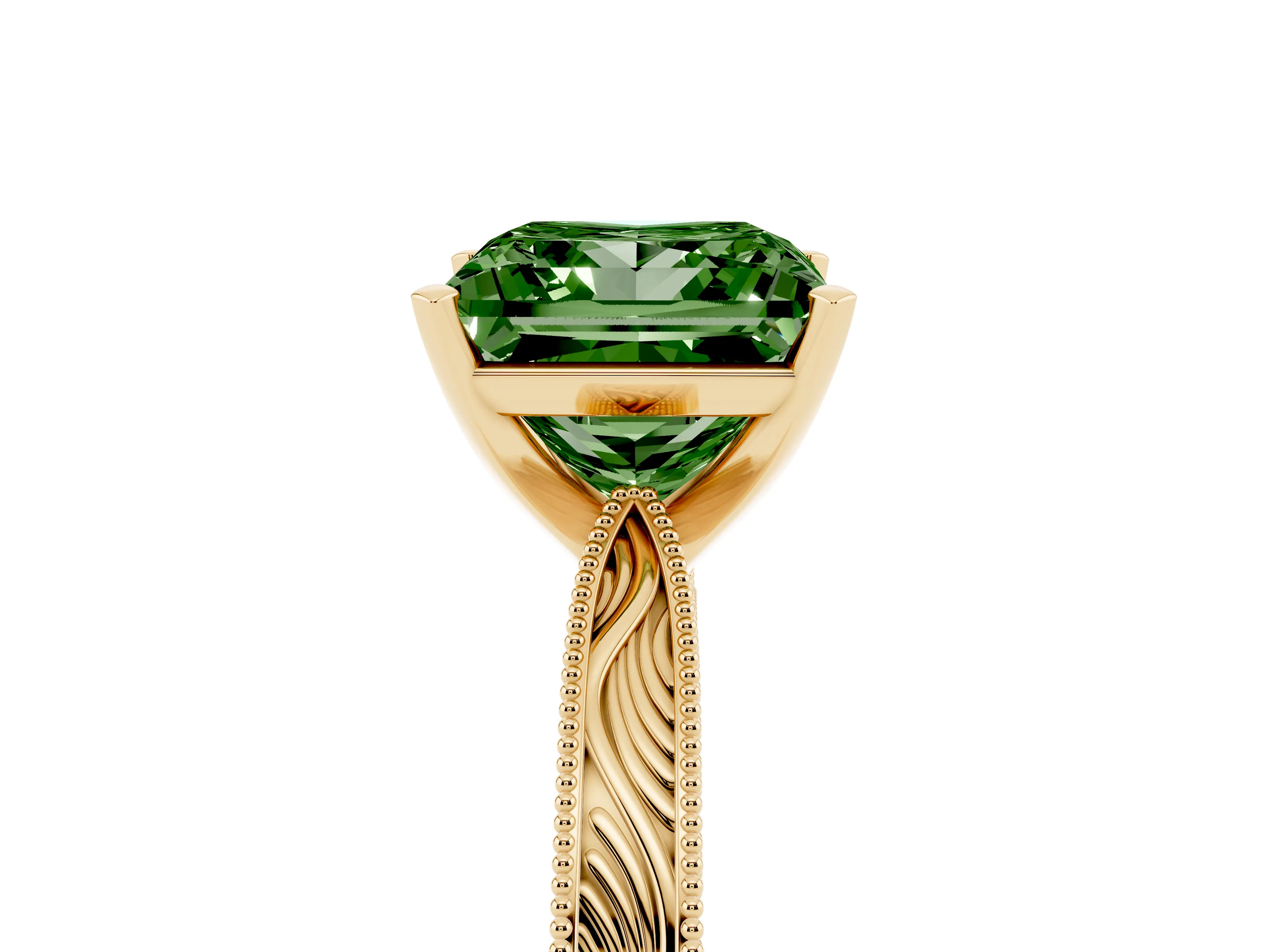 Fancy Green Princess Cut Diamond Solitaire Milgrain Engraved Band Set in Yellow gold with Prong Setting