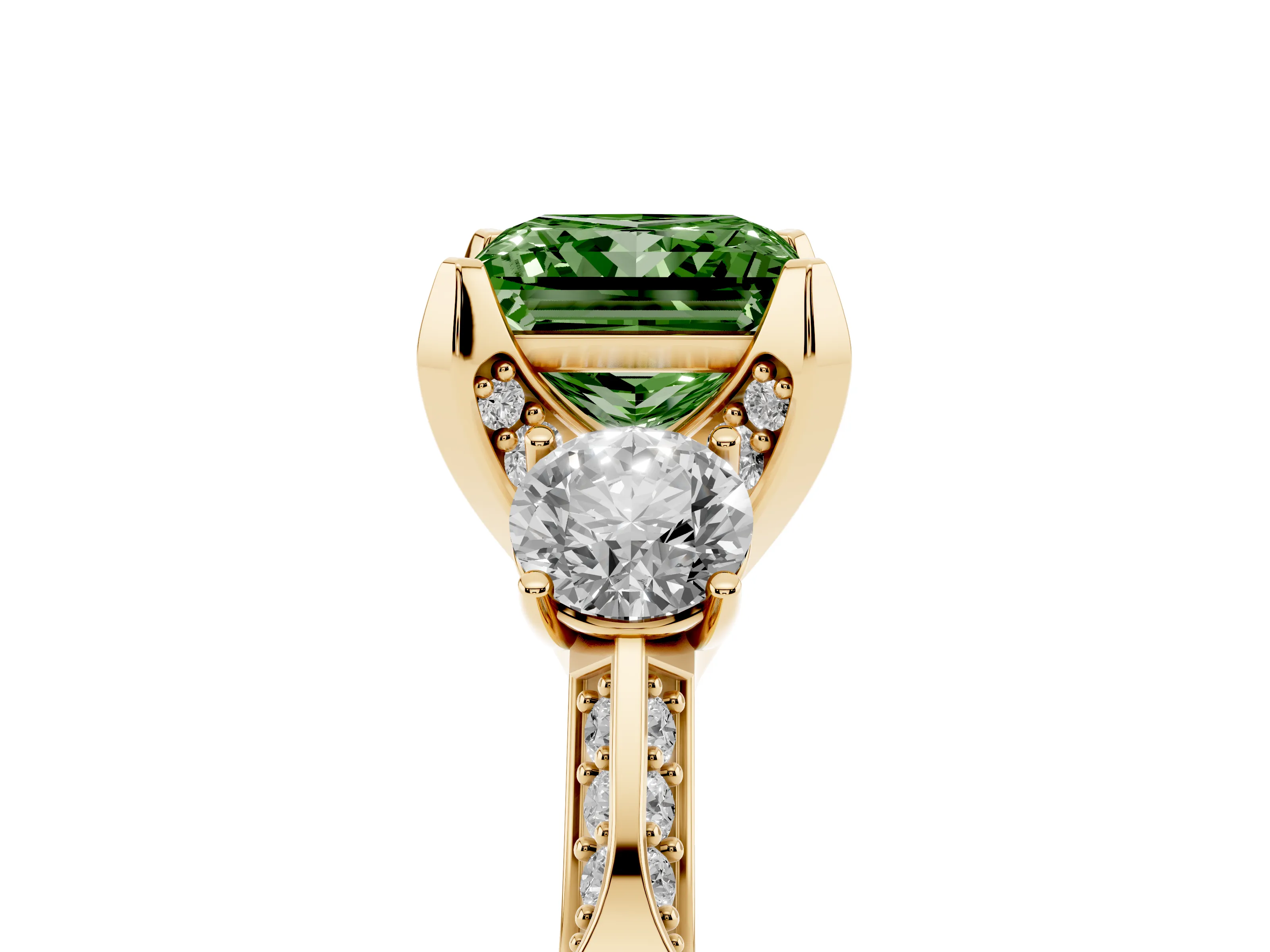 Fancy Green Princess Cut Diamond Three-Stone Ring Set in Yellow gold with Pavé Band and Smaller Side Stones