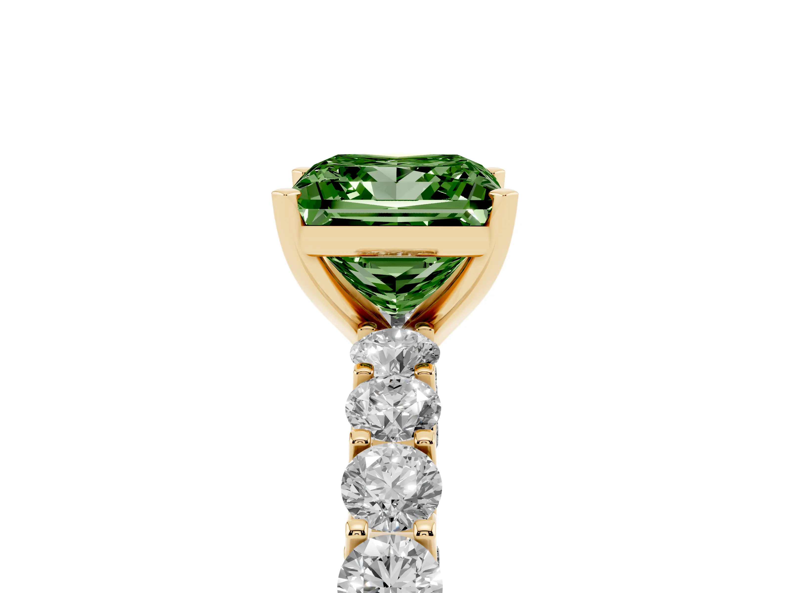 Fancy Green Princess Cut Diamond Solitaire Ring Set in Yellow gold with Shared Prong Pavé Band