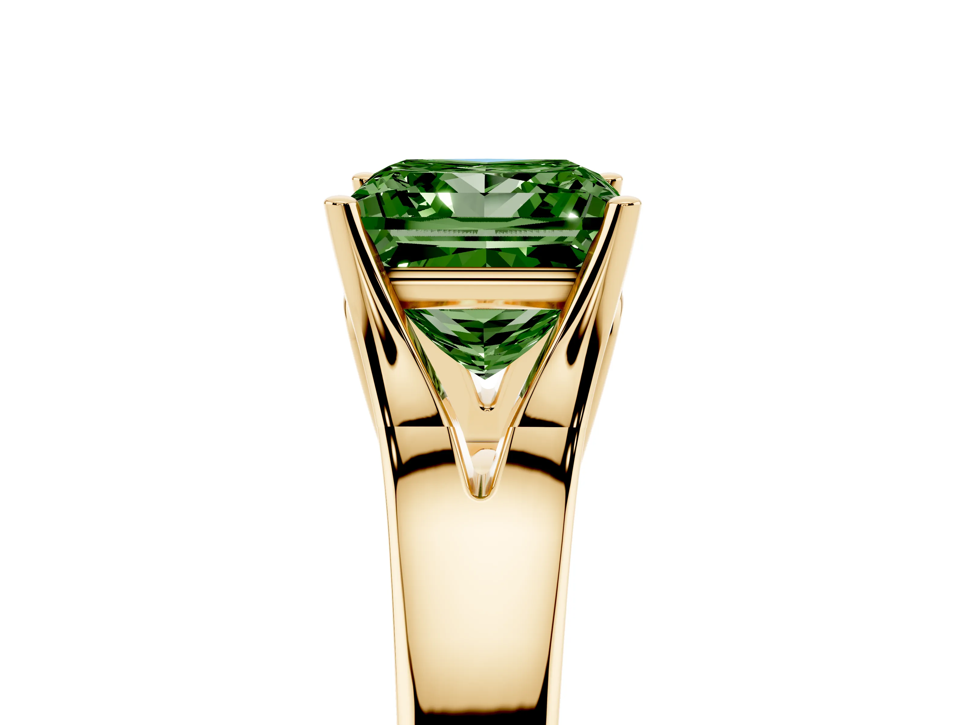 Fancy Green Princess Cut Diamond Solitaire Ring Set in Yellow gold with Arched Cathedral Band and Prong Setting