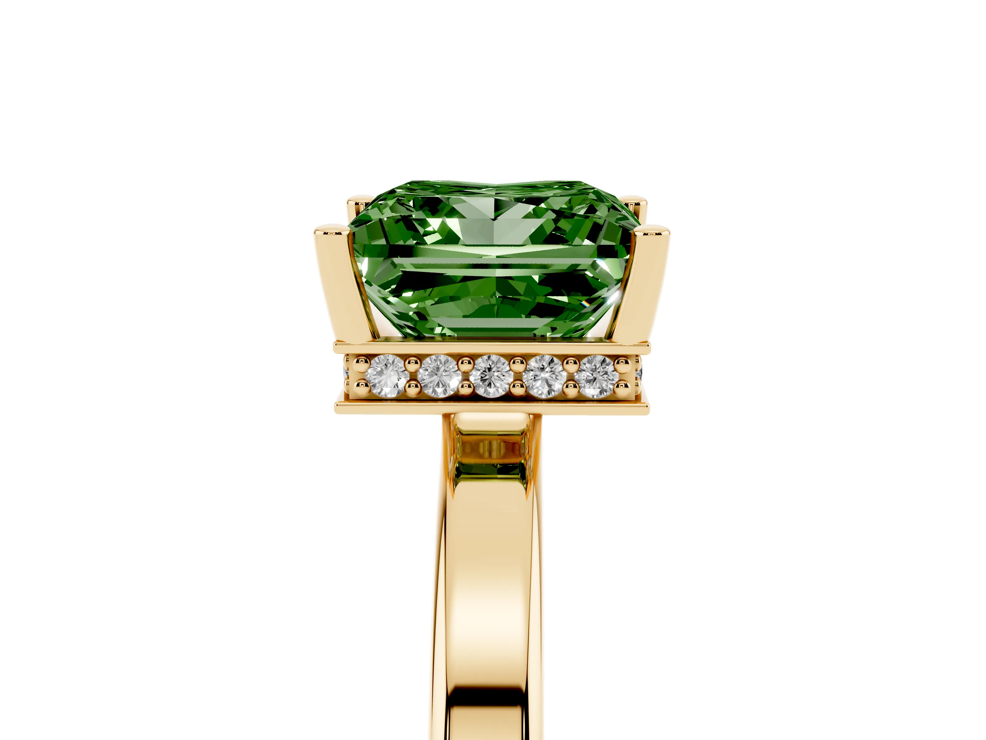 Fancy Green Princess Cut Diamond Solitaire Engagement Ring Set in Yellow gold with Prong Setting on a Plain Band