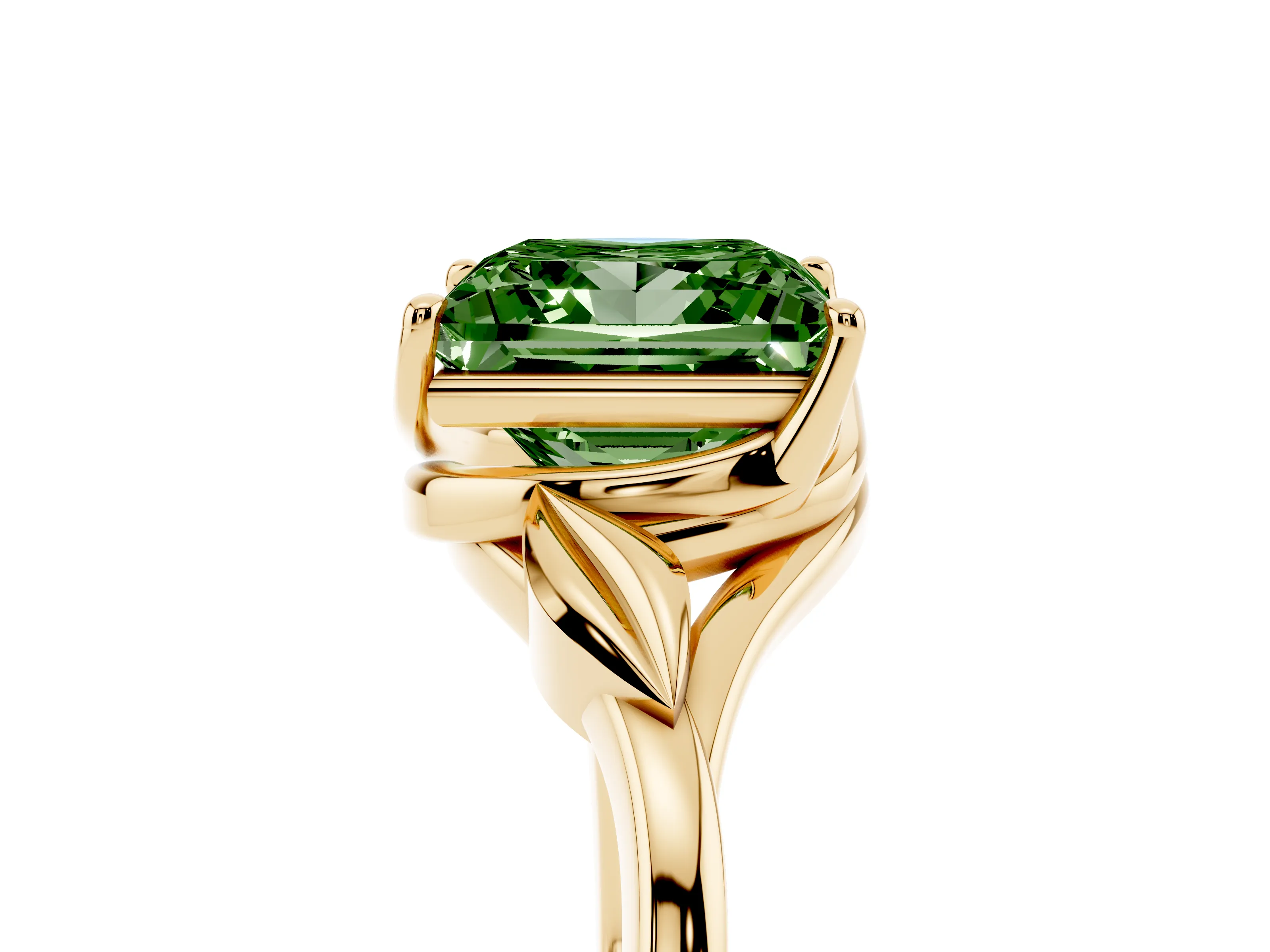 Fancy Green Princess Cut Diamond Solitaire Ring Set in Yellow gold with Polished Twist Band