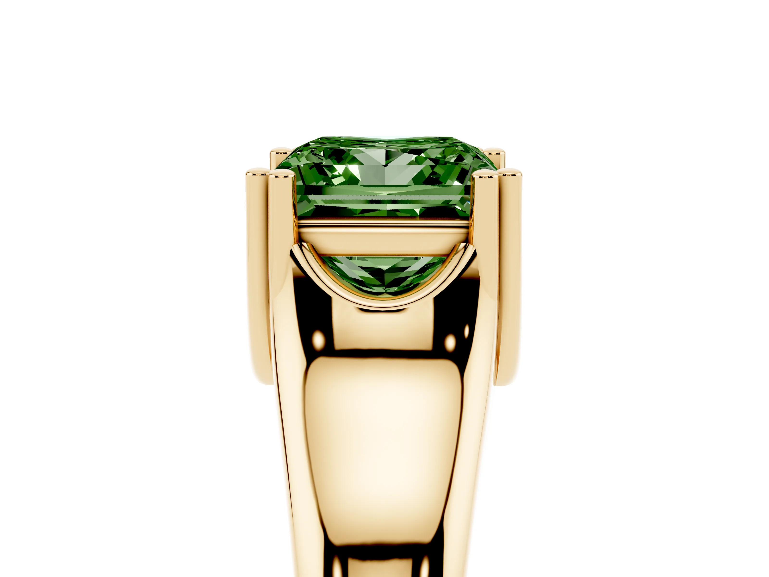 Fancy Green Princess Cut Diamond Solitaire Ring Set in Yellow gold with Wide Band and Prong Setting