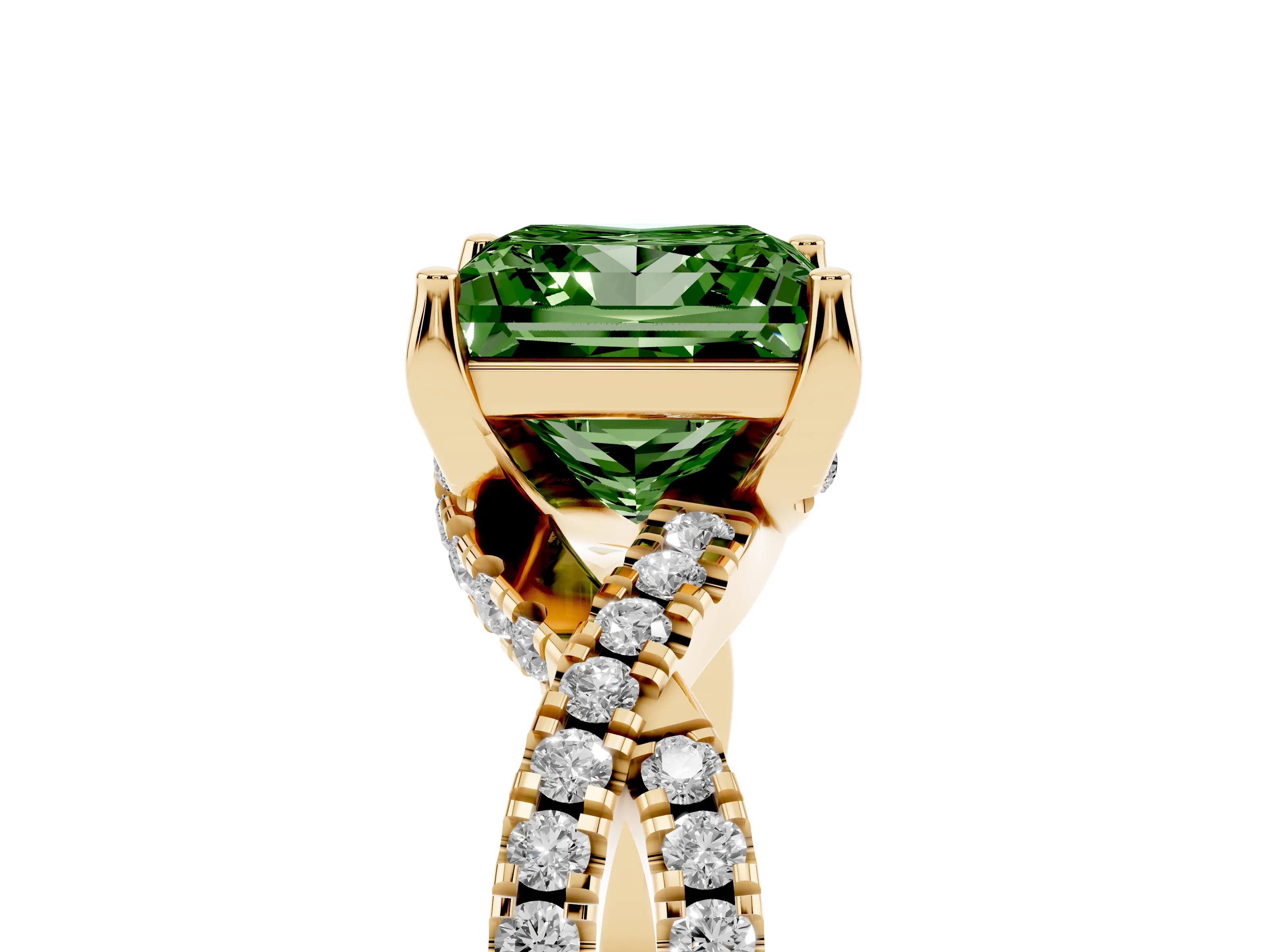 Fancy Green Princess Cut Diamond Twist Pavé Solitaire Engagement Ring Set in Yellow gold with Prong Setting
