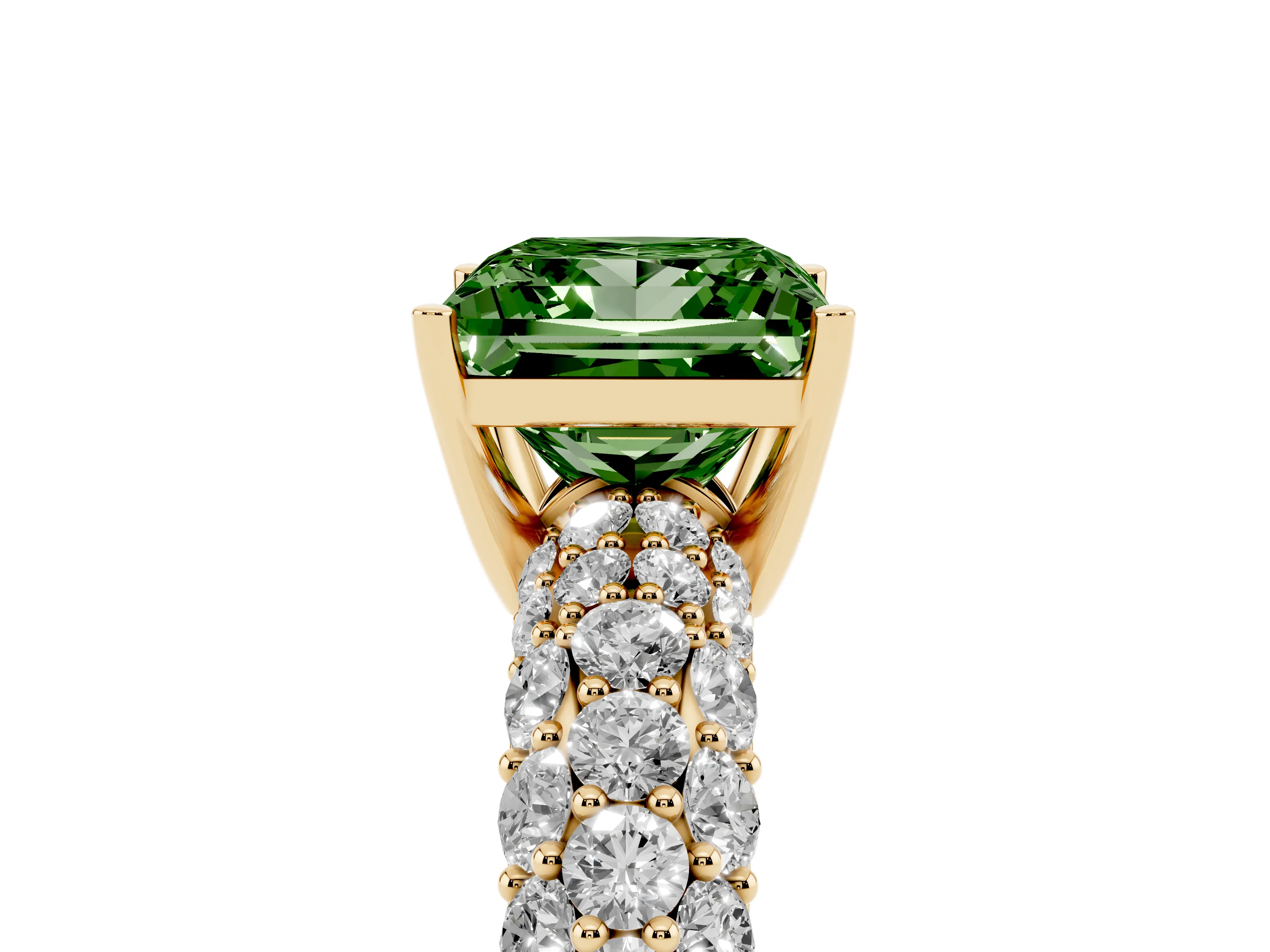 Fancy Green Princess Cut Diamond Pavé Band Solitaire Ring Set in Yellow gold with Close-Set Accent Stones and Prong Setting