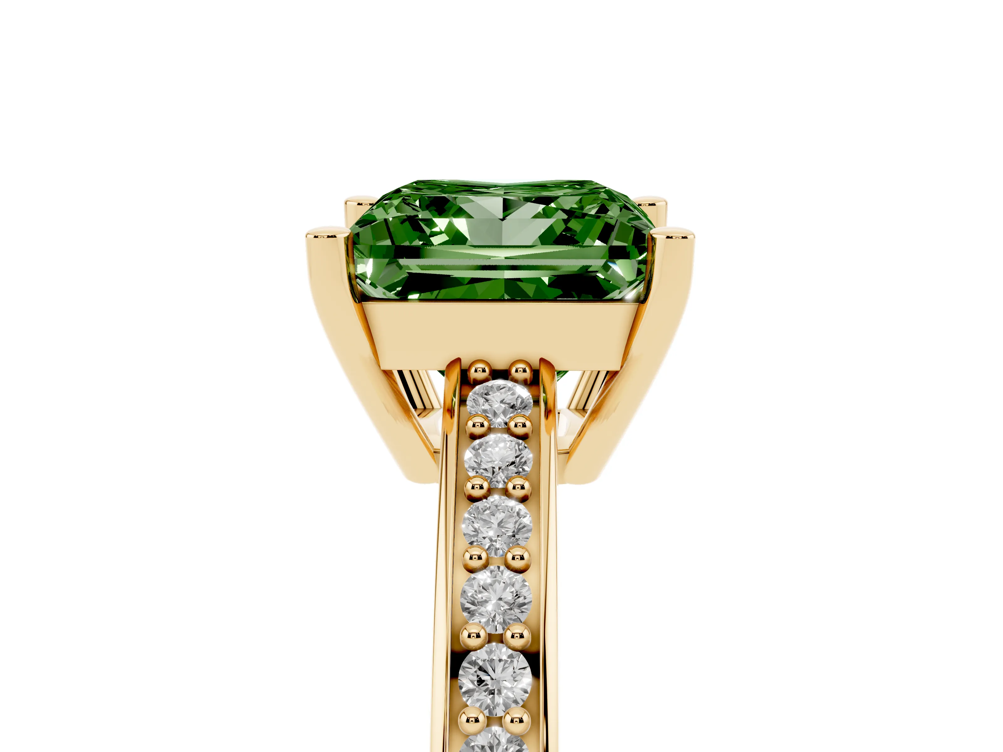 Fancy Green Princess Cut Diamond Pavé Band Prong Set Solitaire Ring Set in Yellow gold