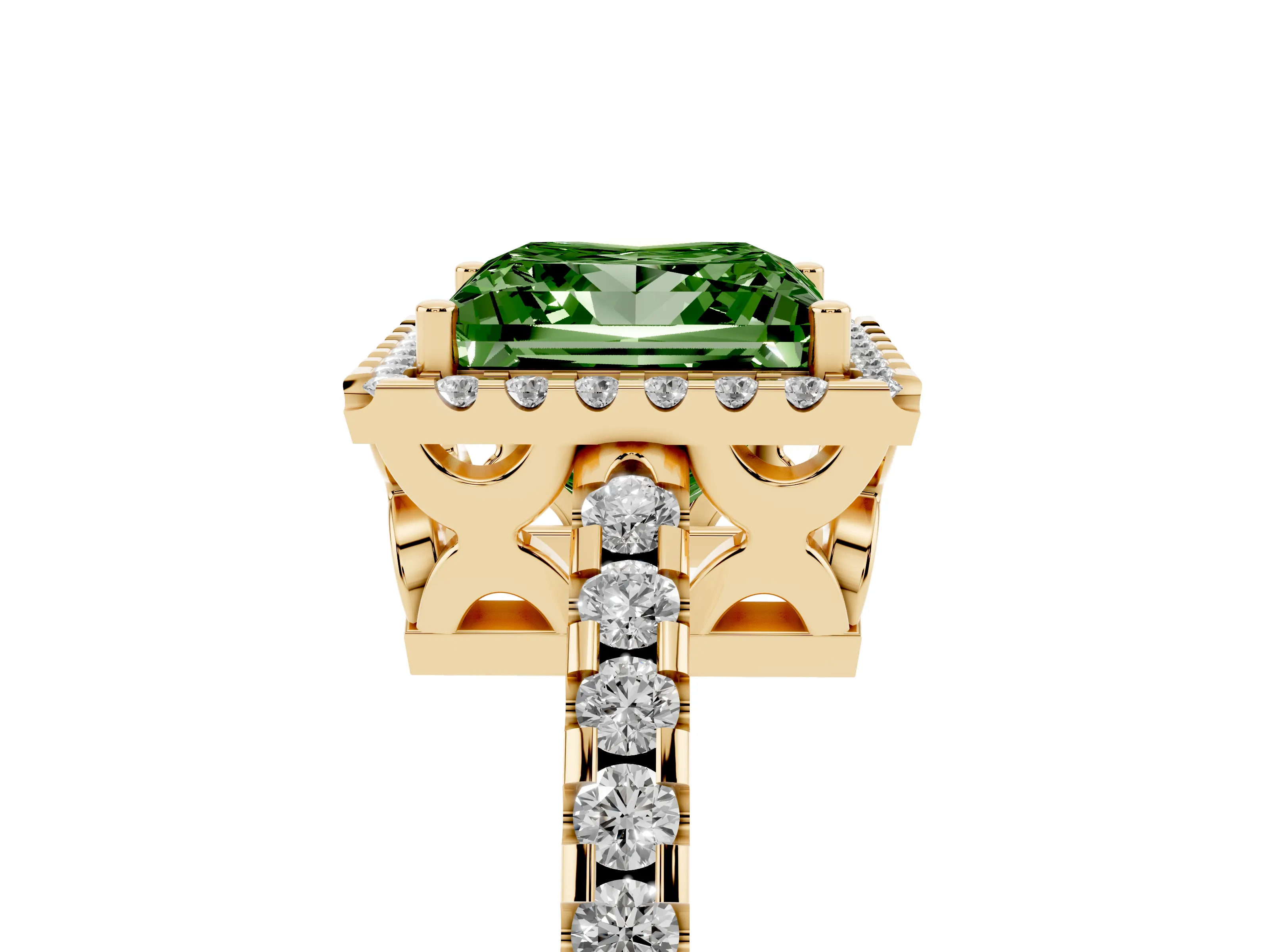 Fancy Green Princess Cut Diamond Halo Ring Set in Yellow gold with Pavé Shoulders and Halo-Framed Center