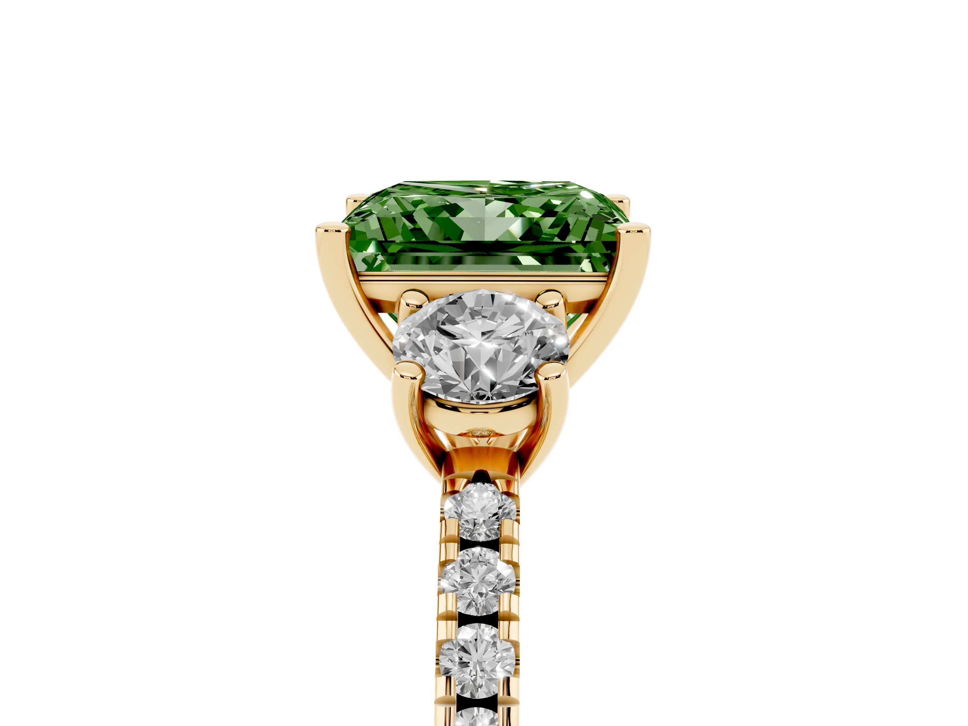 Fancy Green Princess Cut Diamond Three-Stone Ring Set in Yellow gold with Pavé Band and Graduated Sides