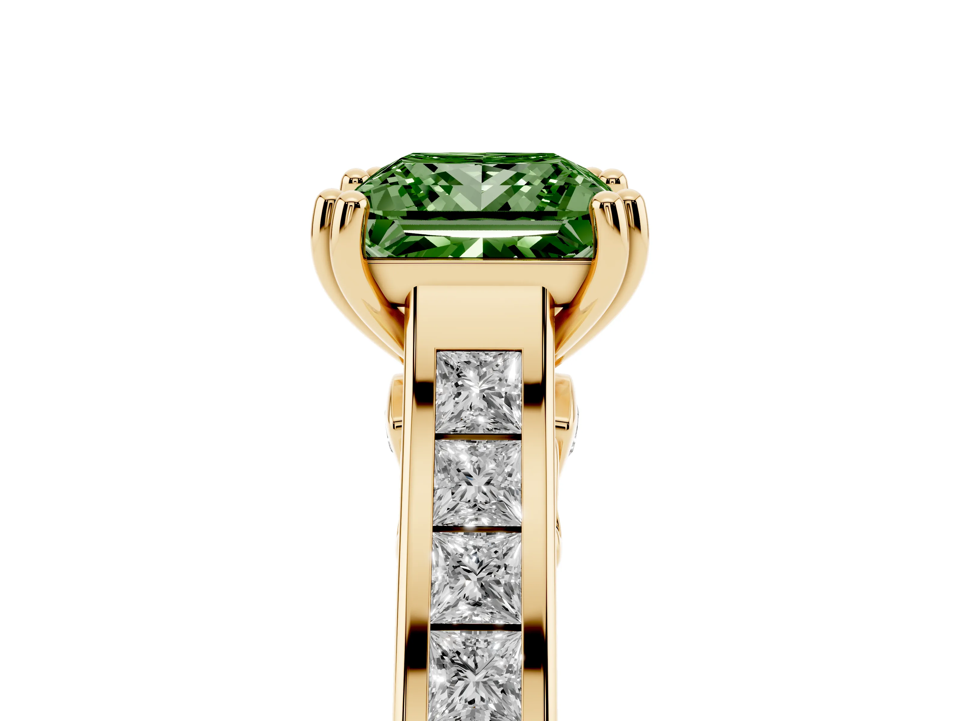 Fancy Green Princess Cut Diamond Channel Set Solitaire Engagement Ring Set in Yellow gold with Prong Setting
