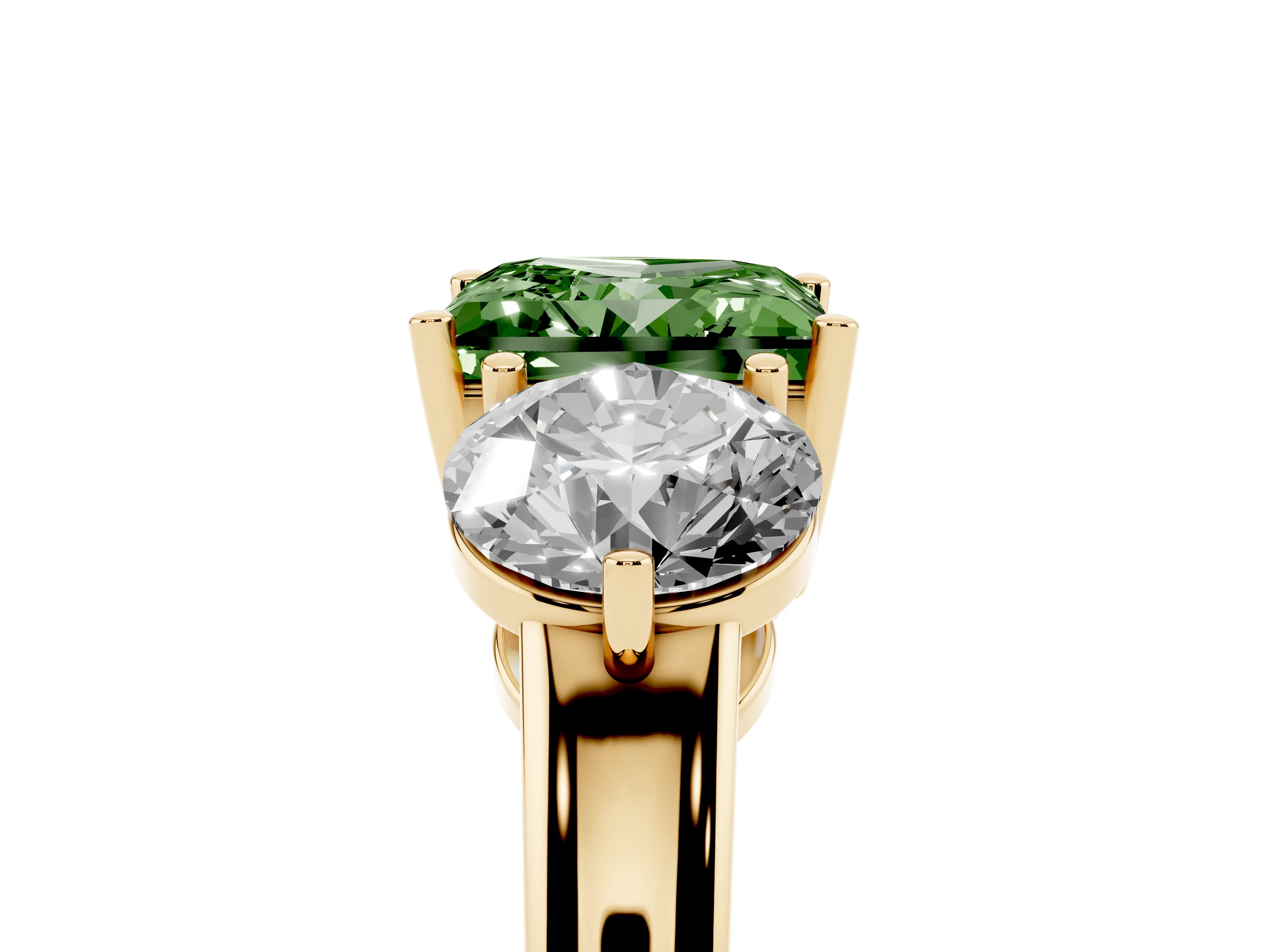 Fancy Green Princess Cut Diamond Three-Stone Ring Set in Yellow gold with Prong Setting and Plain Band