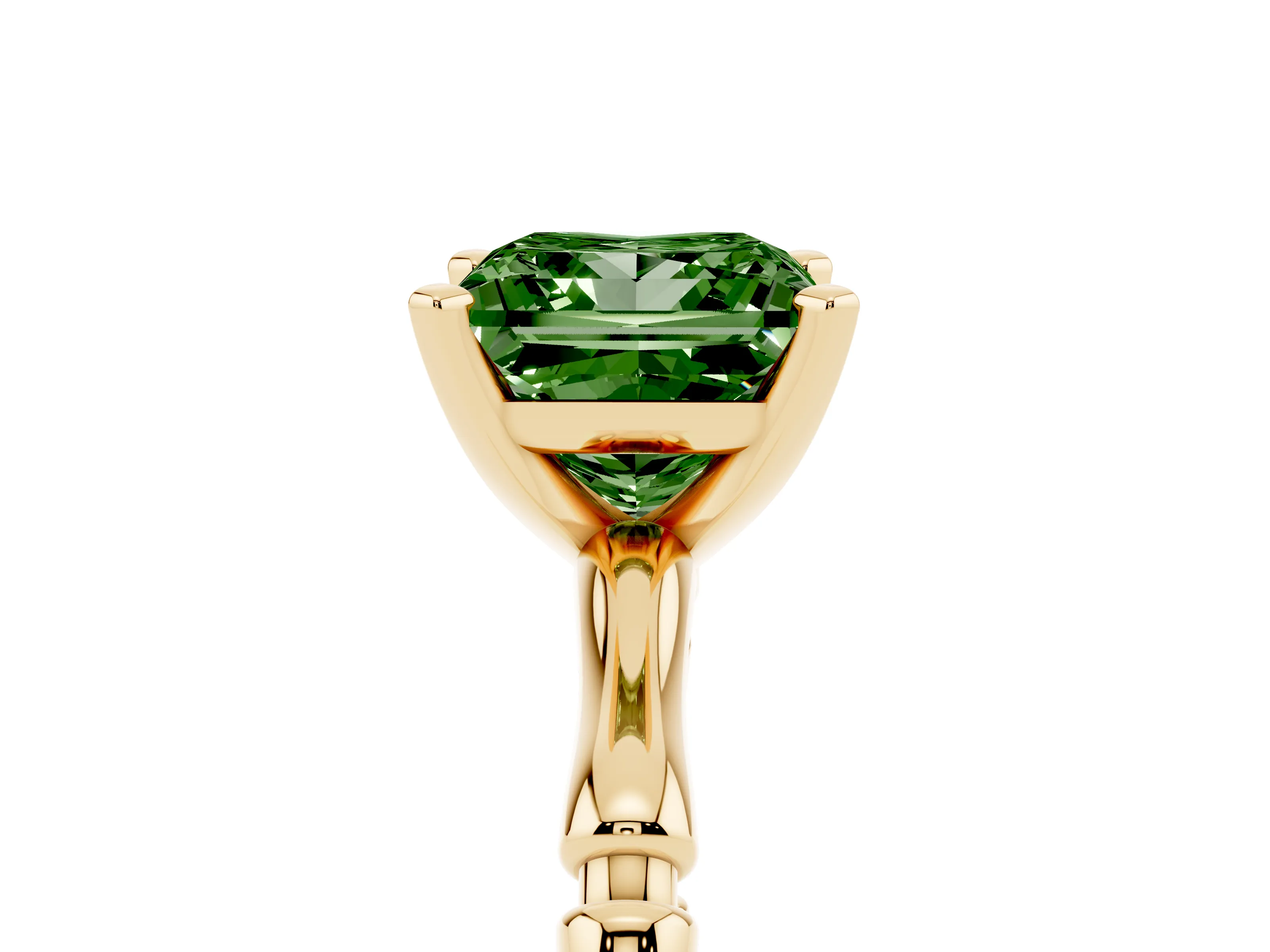 Fancy Green Princess Cut Diamond Solitaire Ring Set in Yellow gold with Bamboo Band and Prong Setting