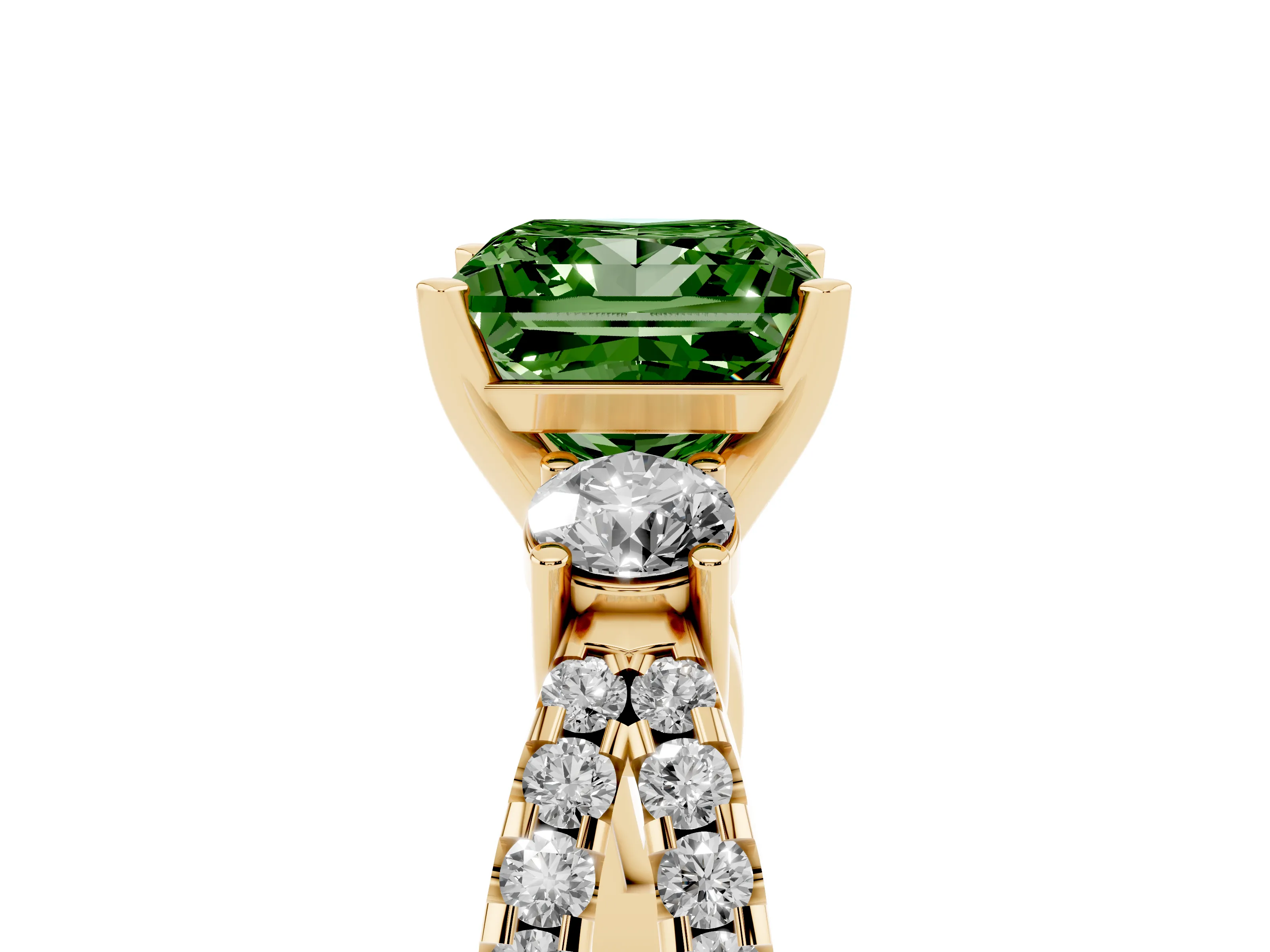 Fancy Green Princess Cut Diamond Three-Stone Ring Set in Yellow gold with Pavé Split Shank and Prong Setting