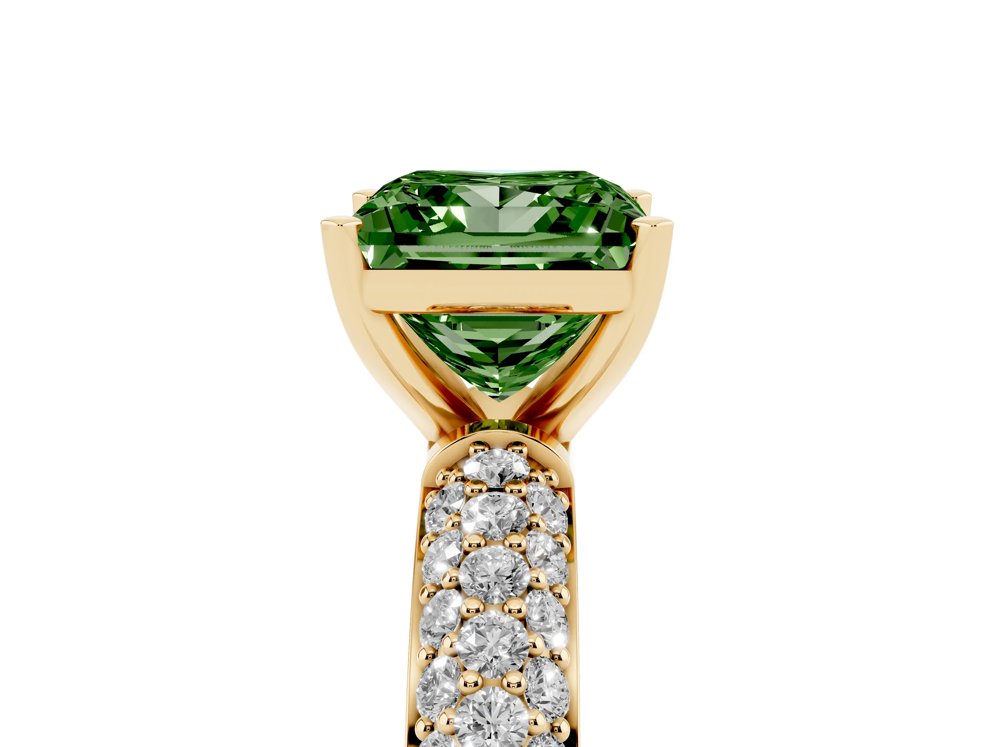 Fancy Green Princess Cut Diamond Solitaire Ring Set in Yellow gold with Prong Setting and Pavé-Set Band