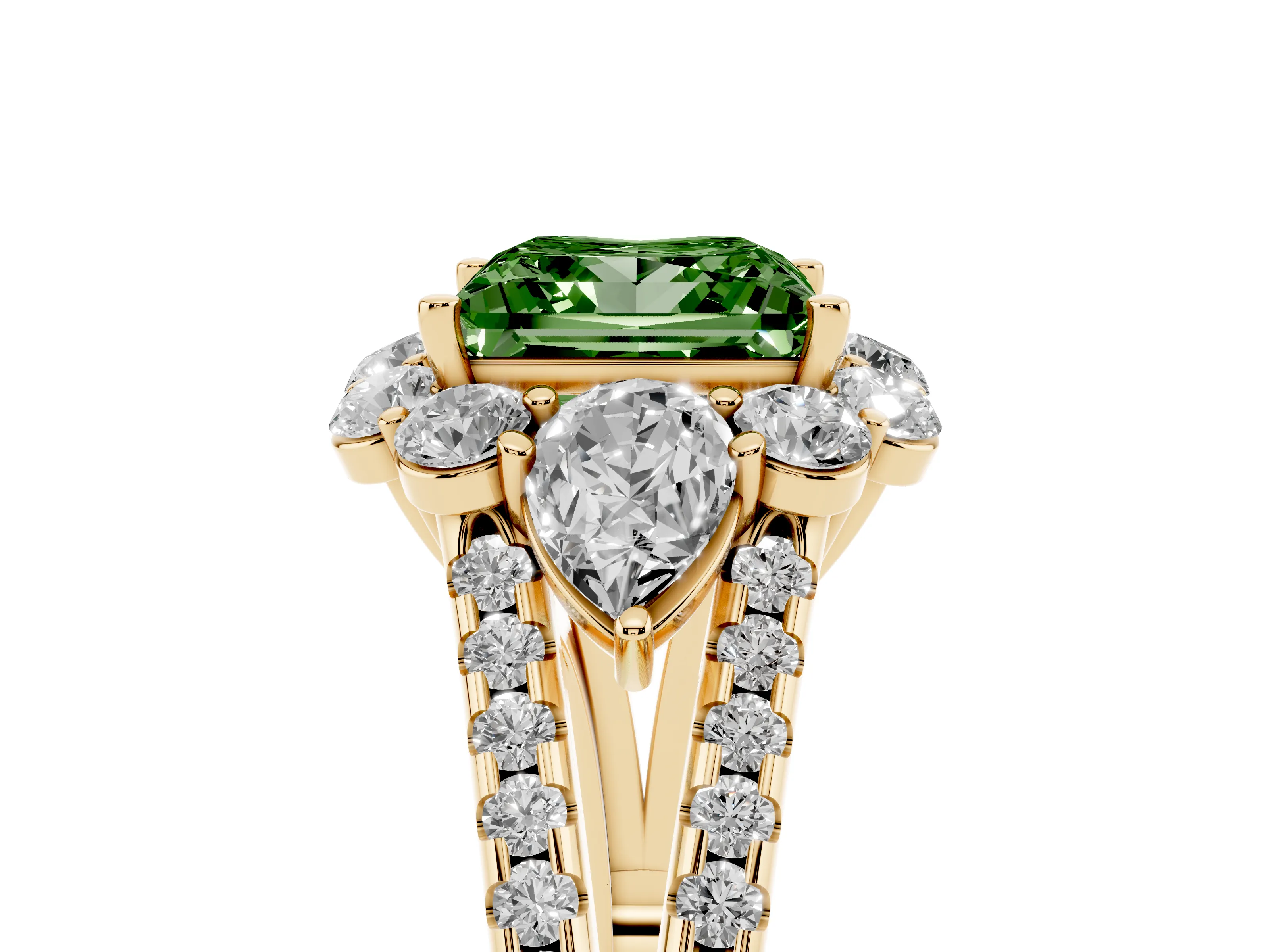 Fancy Green Princess Cut Diamond Halo Split Shank Engagement Ring Set in Yellow gold with Prong-Held Center Stone