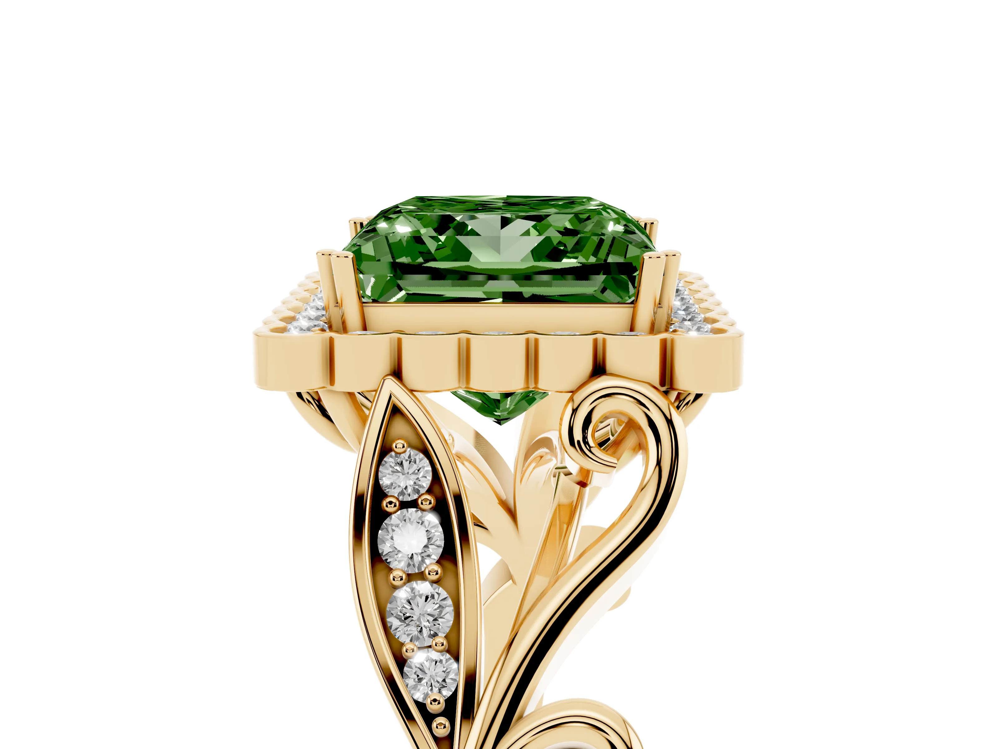 Fancy Green Princess Cut Diamond Halo Ring Set in Yellow gold with Leaf Motif Split Shank and Prong Setting