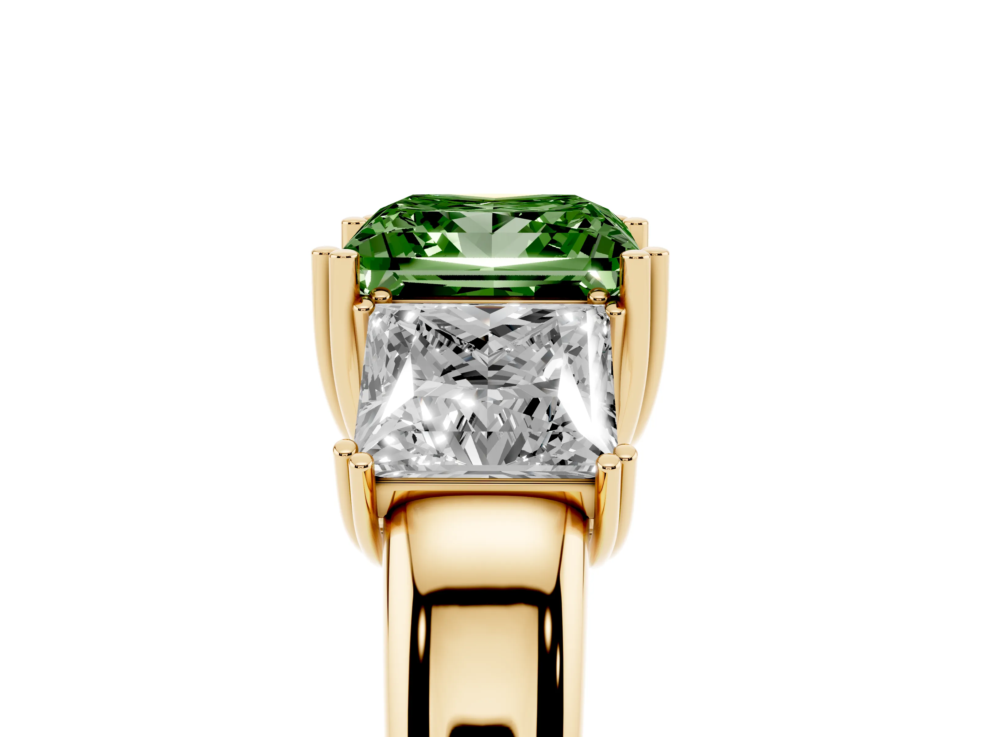 Fancy Green Princess Cut Diamond Three-Stone Ring Set in Yellow gold with Polished Channel-Set Band