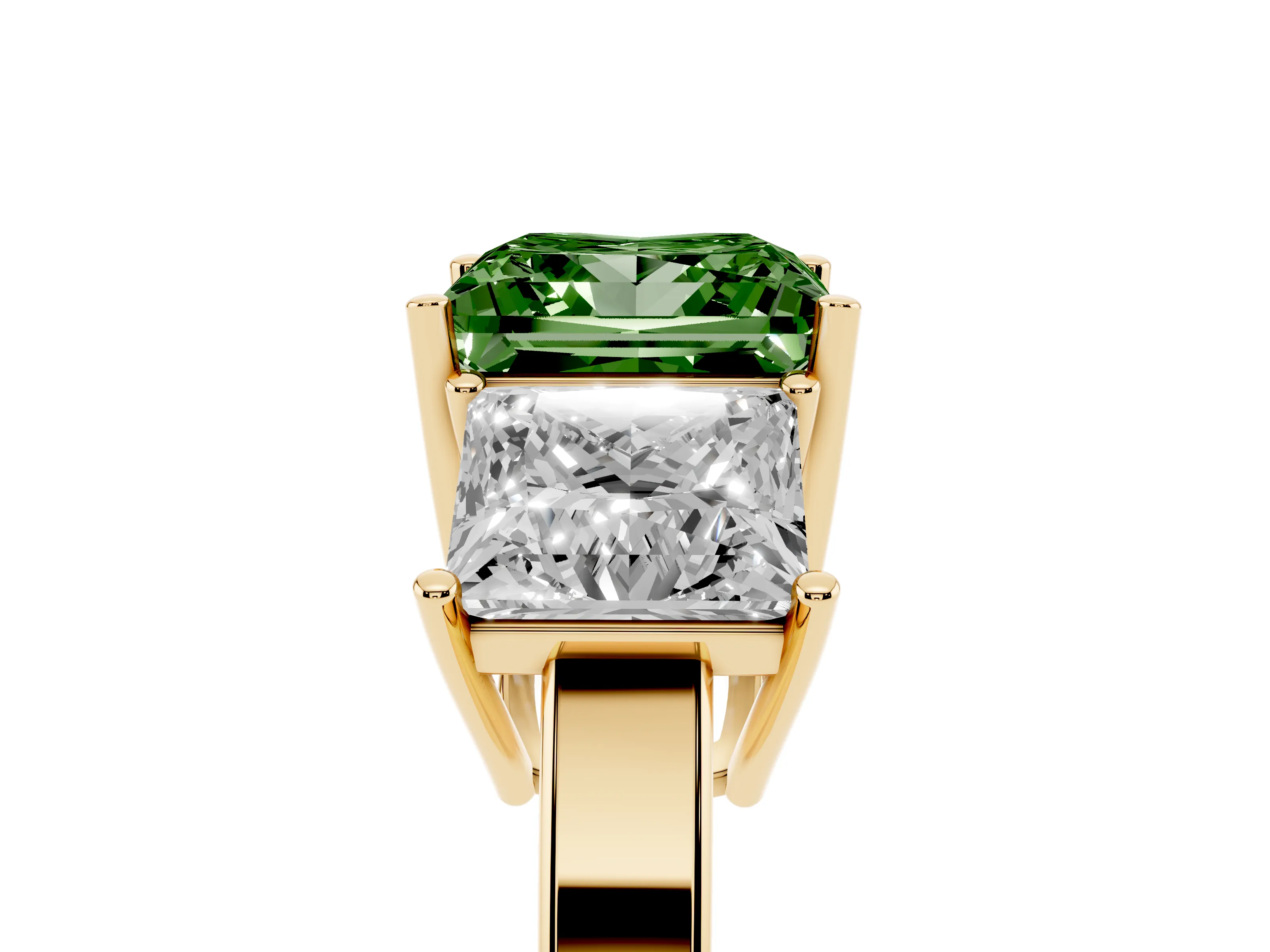 Fancy Green Princess Cut Diamond Three-Stone Engagement Ring Set in Yellow gold with Flat Band