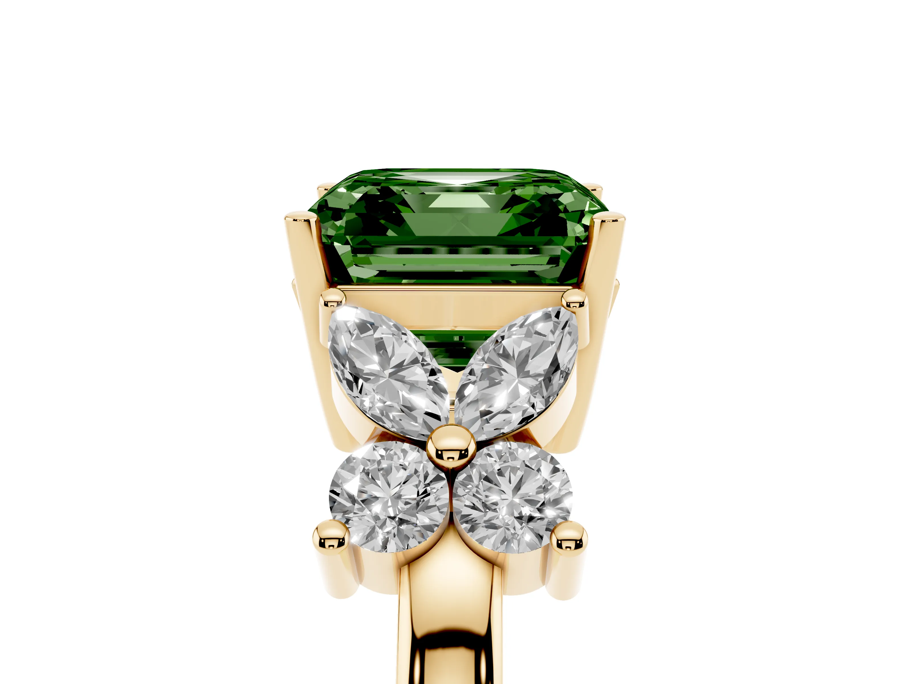 Fancy Green Princess Cut Diamond Floral Cluster Ring Set in Yellow gold with Marquise Petals and Prong Setting