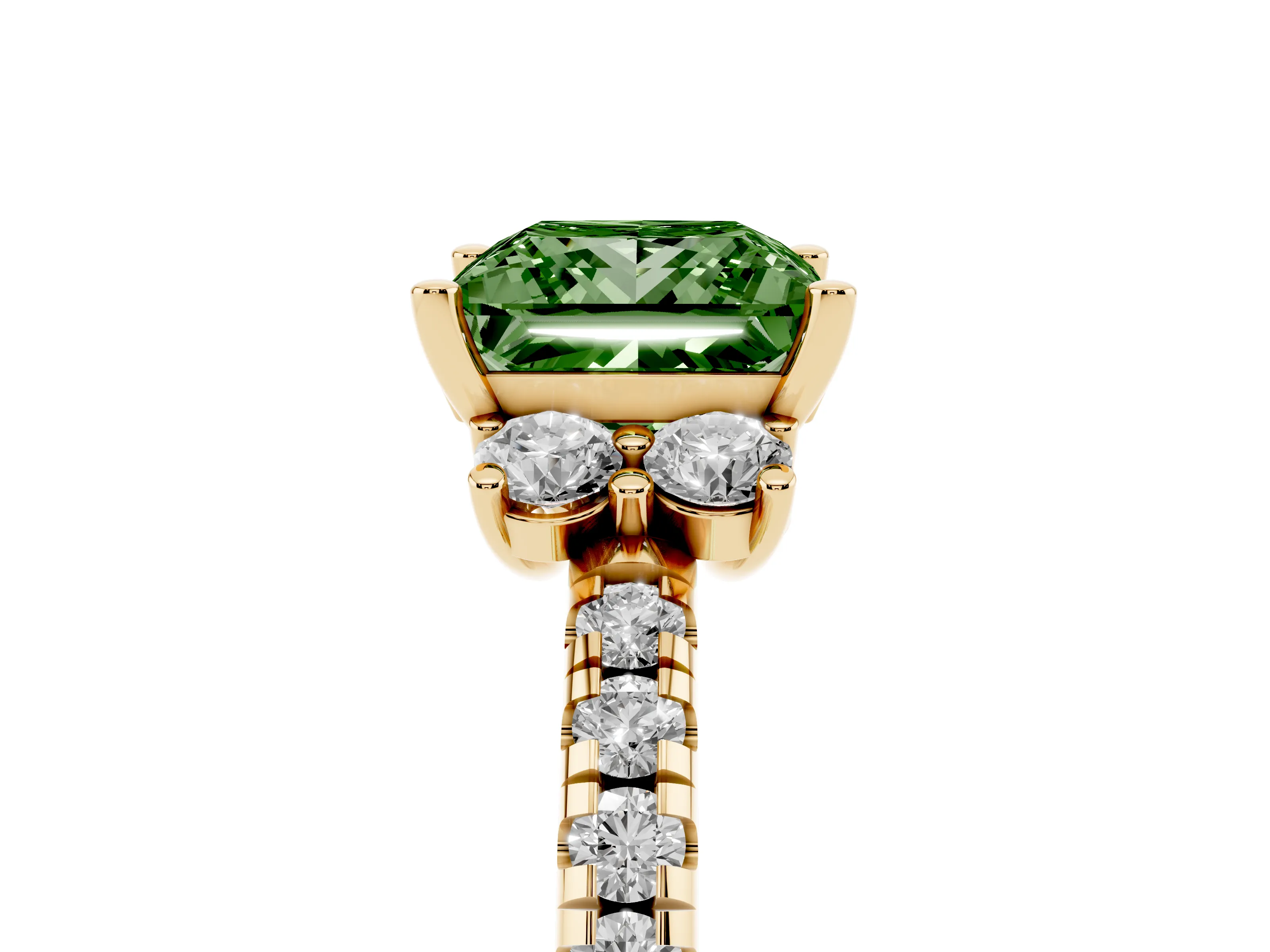 Fancy Green Princess Cut Diamond Three-Stone Pavé Ring Set in Yellow gold with Prong Setting