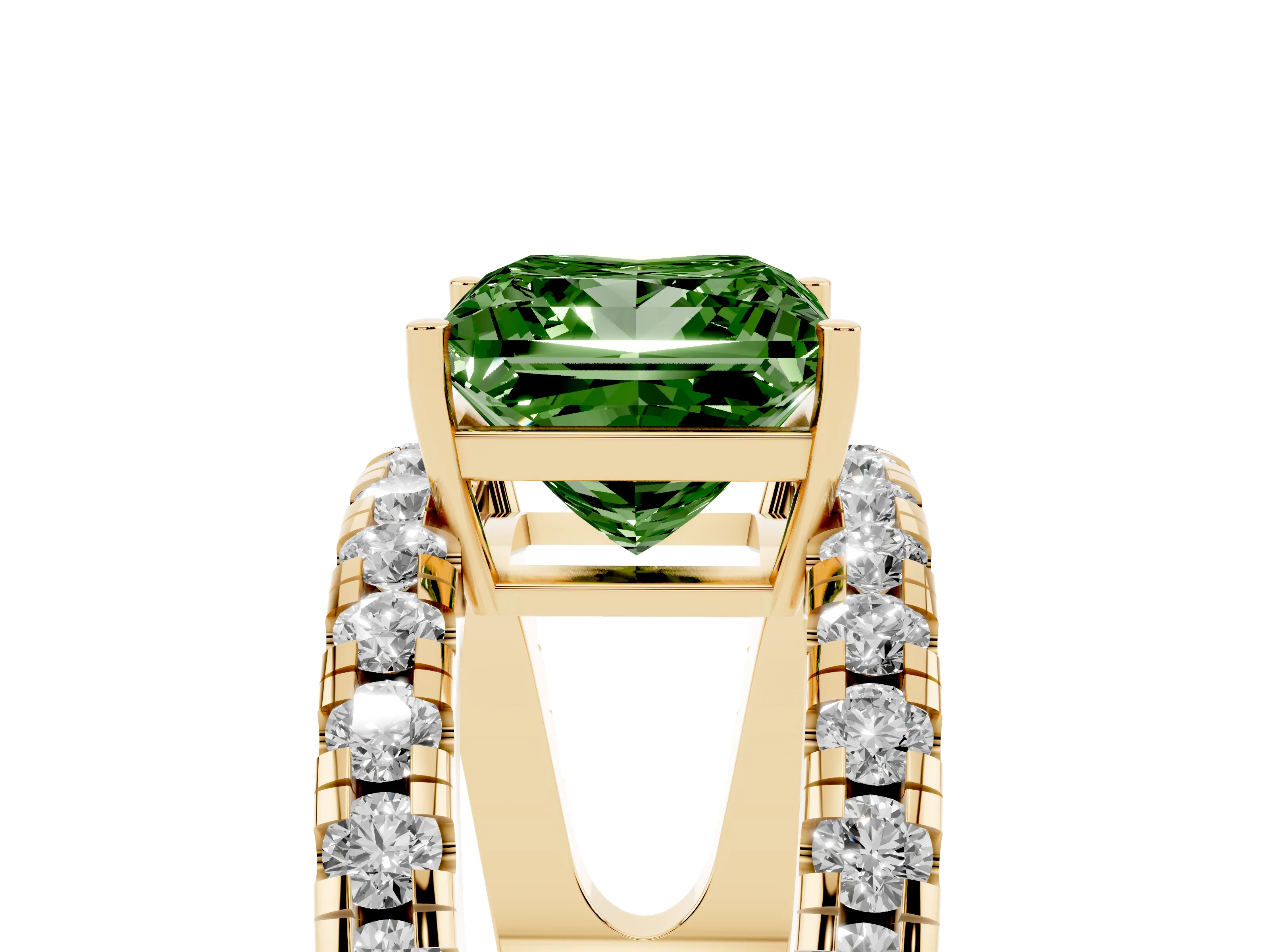 Fancy Green Princess Cut Diamond Split Shank Pavé Solitaire Ring Set in Yellow gold with Open Shank Design