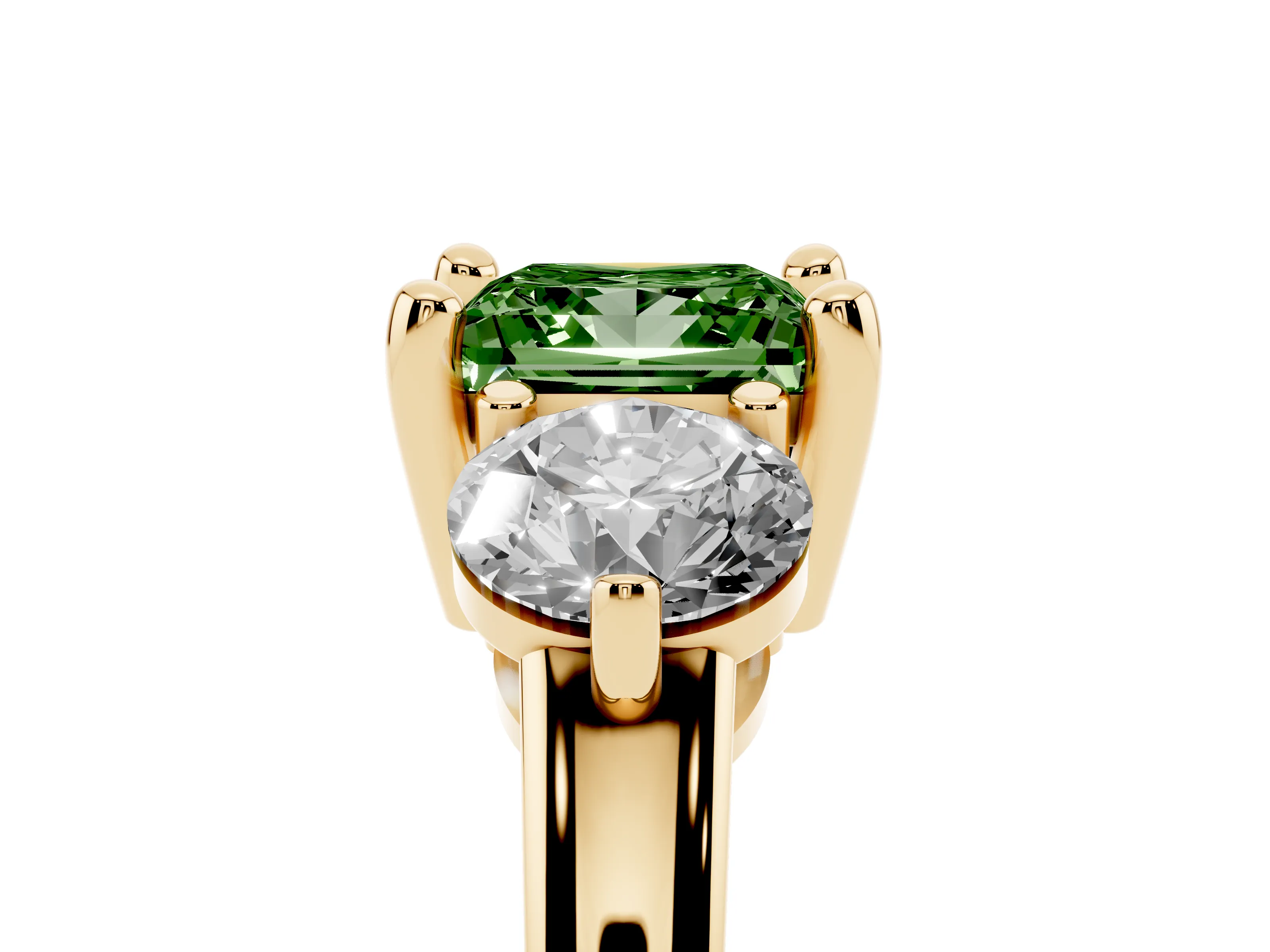 Fancy Green Princess Cut Diamond Three-Stone Ring Set in Yellow gold with Prong Setting and Classic Band